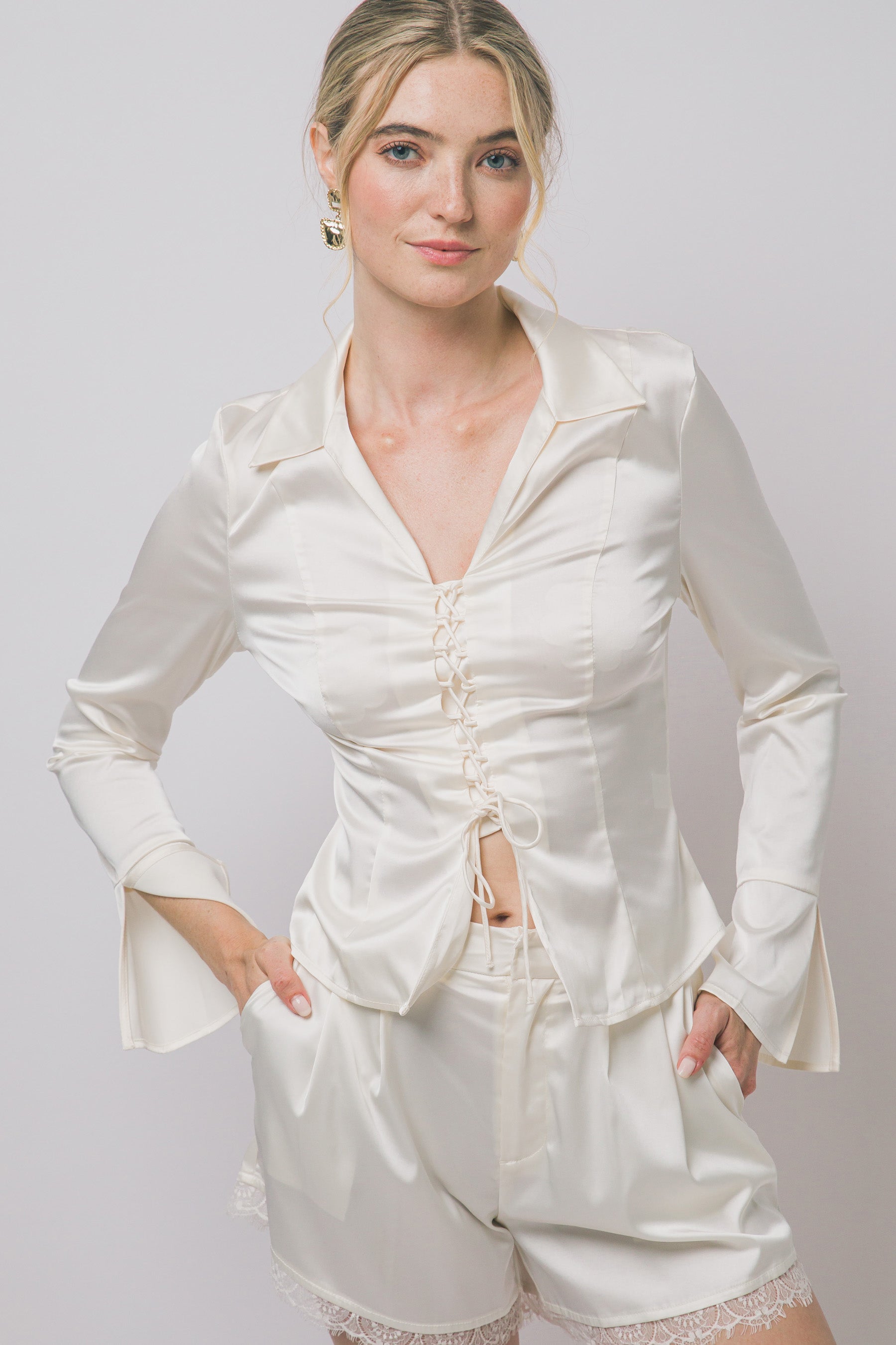 SOLID LACE UP FRONT CLOSURE BLOUSE