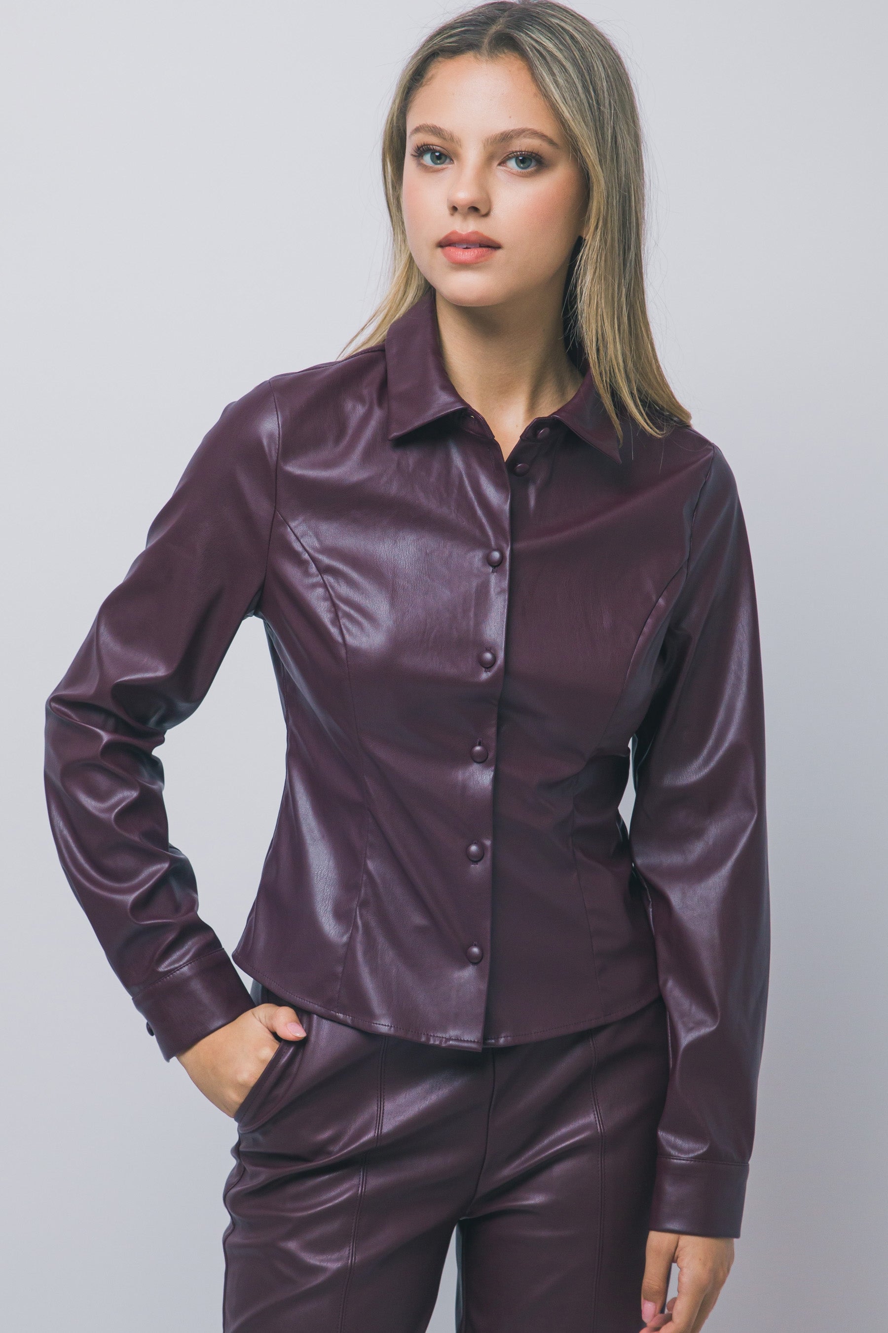 FAUX LEATHER BUTTON DOWN SOLID SHIRT