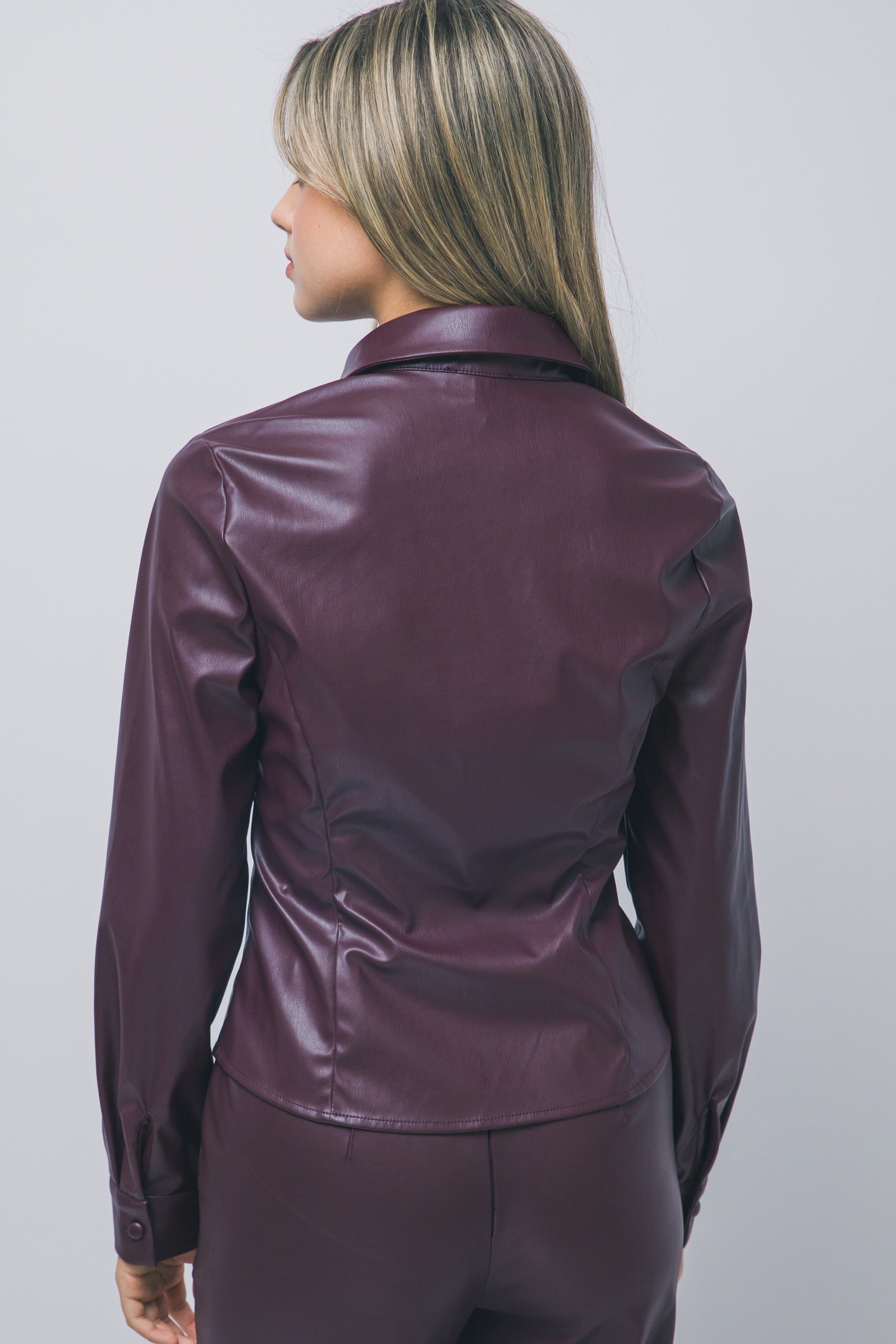 FAUX LEATHER BUTTON DOWN SOLID SHIRT
