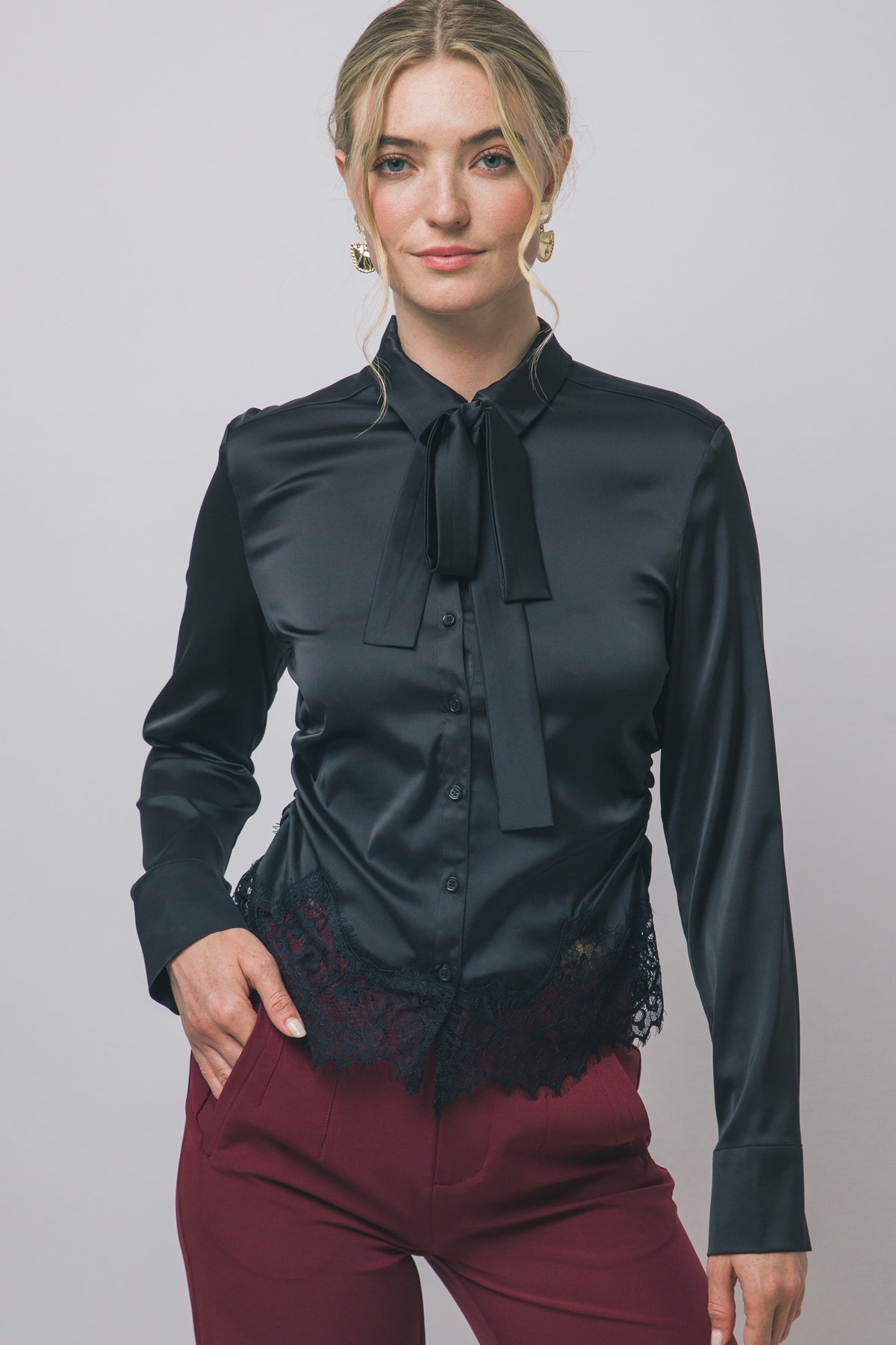 SATIN BOW DETAIL BUTTON DOWN TOP
