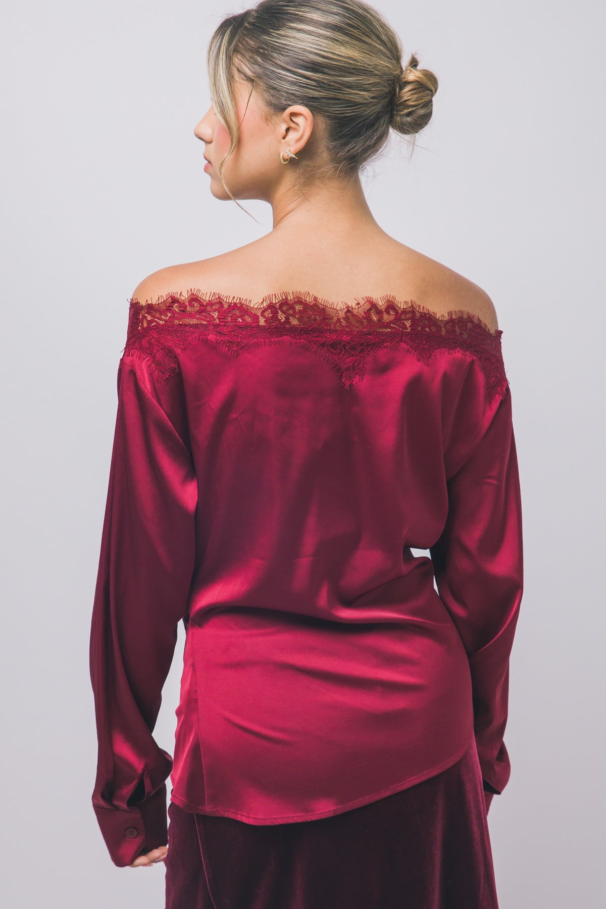 LACE TRIMMED OFF SHOULDER SATIN BLOUSE