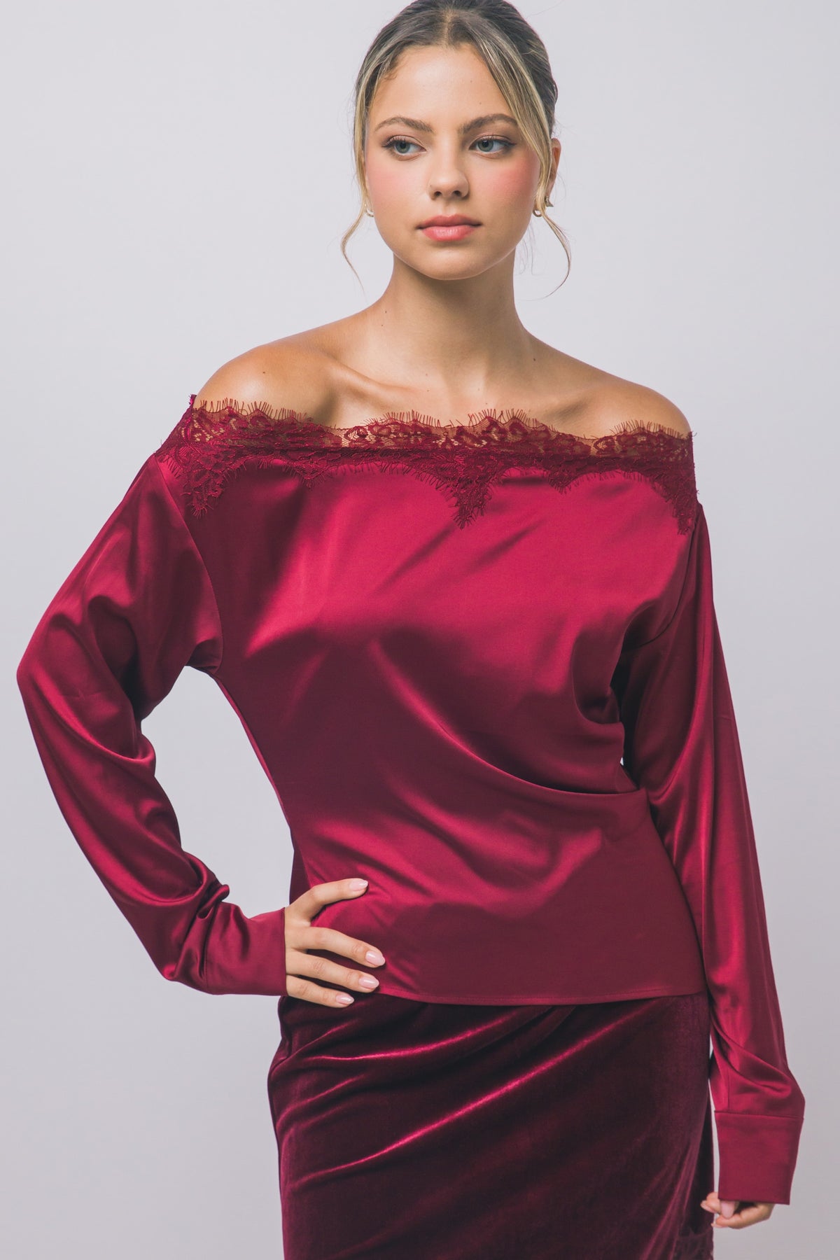 LACE TRIMMED OFF SHOULDER SATIN BLOUSE
