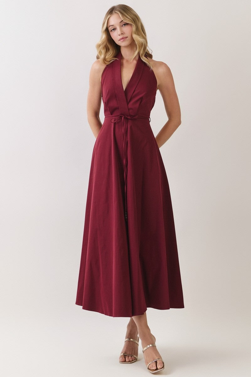 SOLID WOVEN HALTER MAXI DRESS