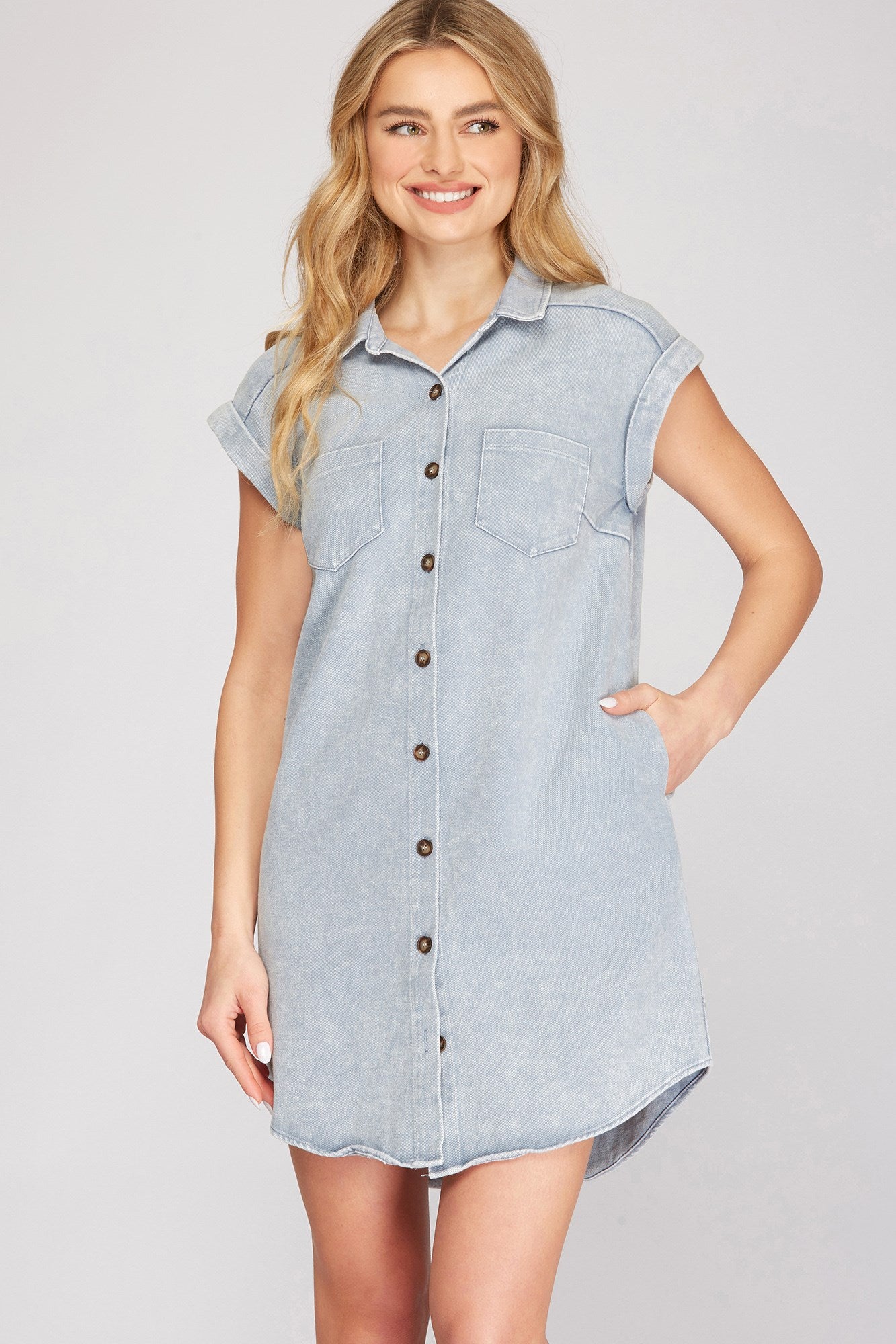 FOLDED CUFF BUTTON DOWN WASHED TWILL SHIRT DRESS