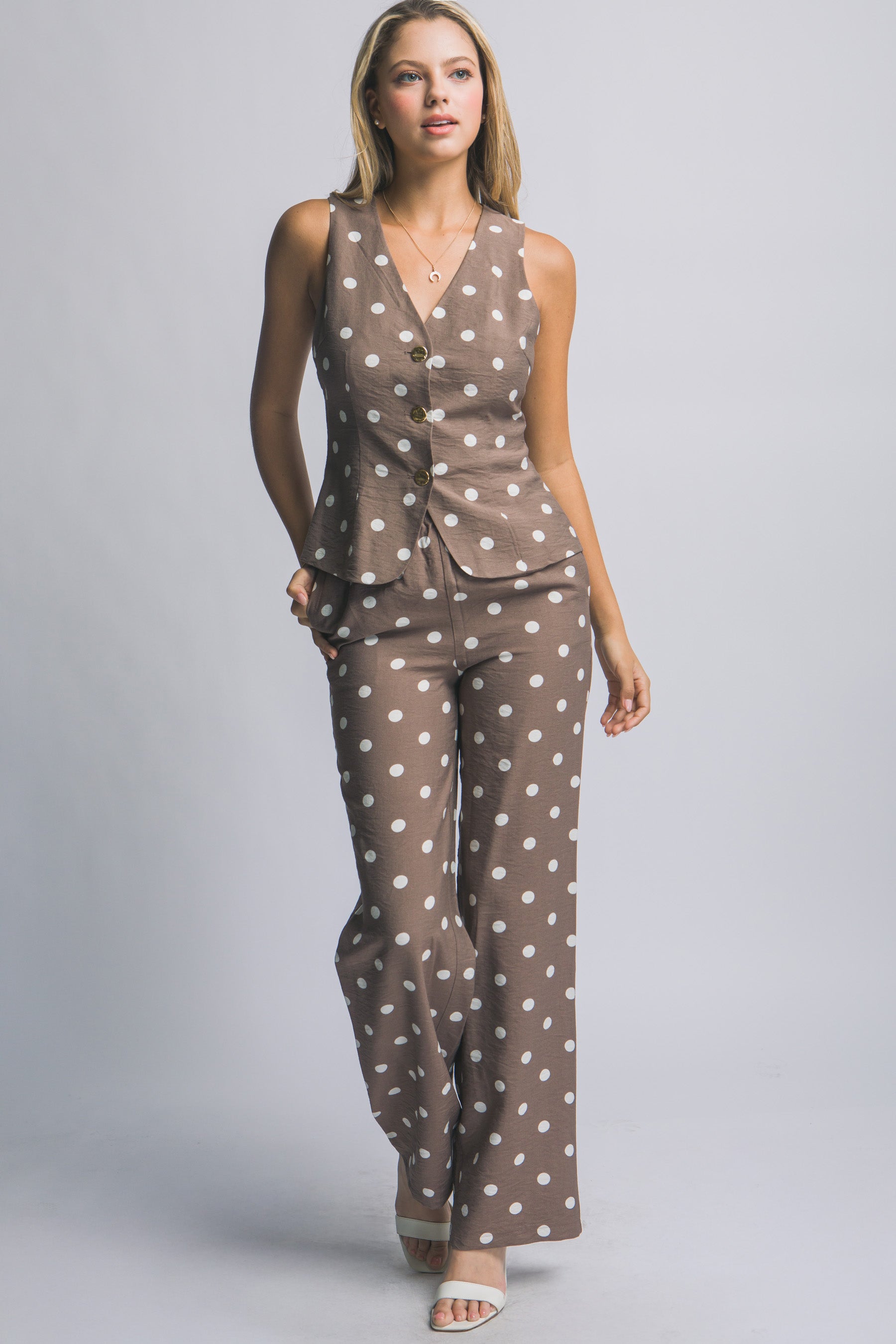 V NECK POLKA DOT VEST WITH STRAIGHT PANTS
