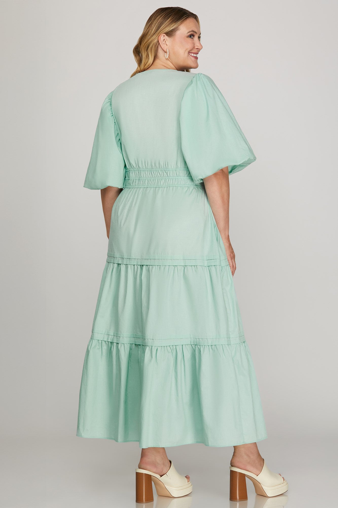 PLUS-POPLIN WOVEN V NECK TIERED MIDI DRESS