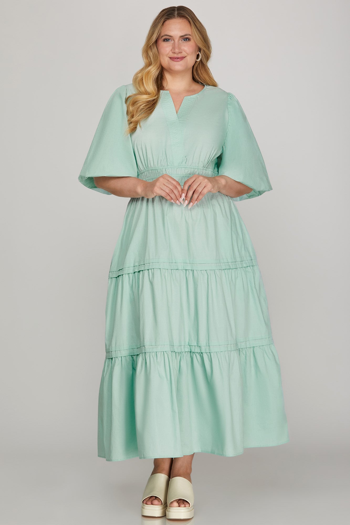 PLUS-POPLIN WOVEN V NECK TIERED MIDI DRESS