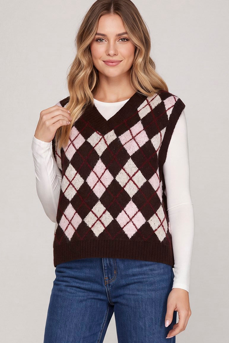 ARGYLE V NECK KNIT SWEATER VEST