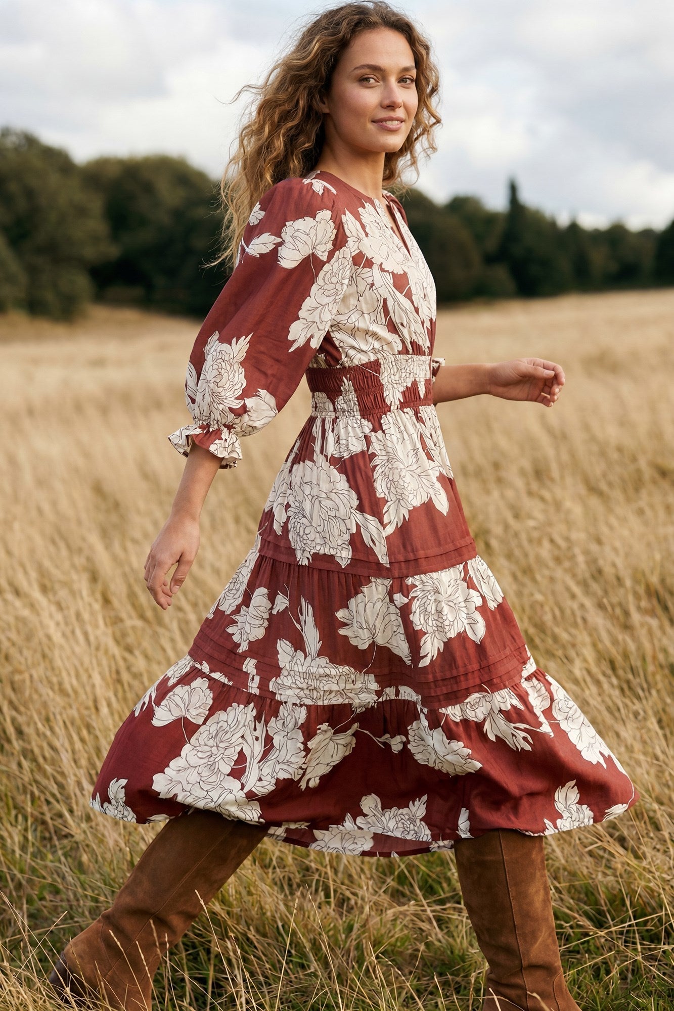 PINTUCK TIERED FLORAL PRINT WOVEN MIDI DRESS