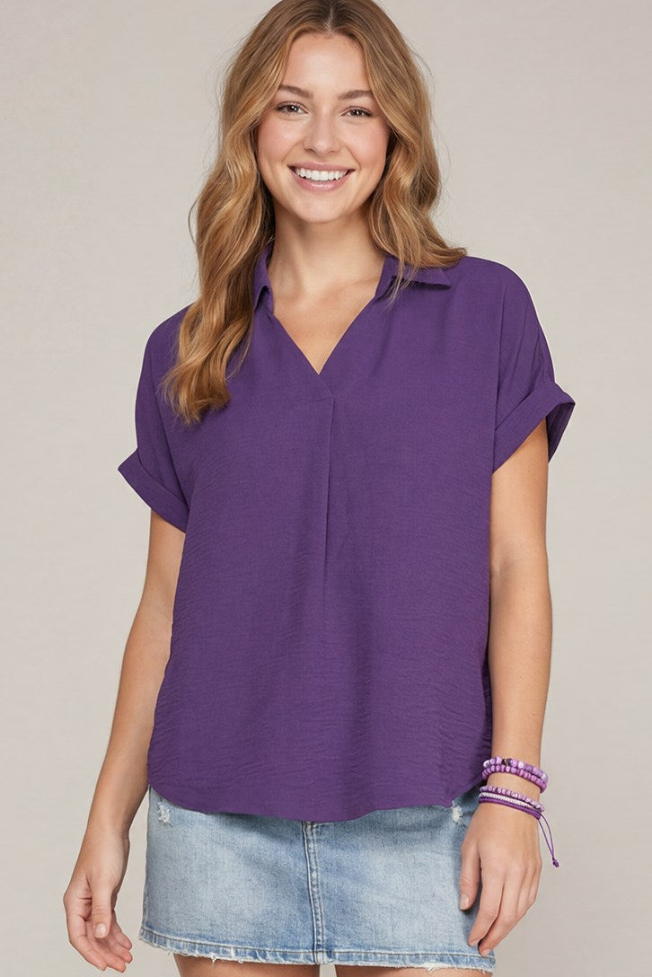 COLLARED WOVEN SOLID TOP
