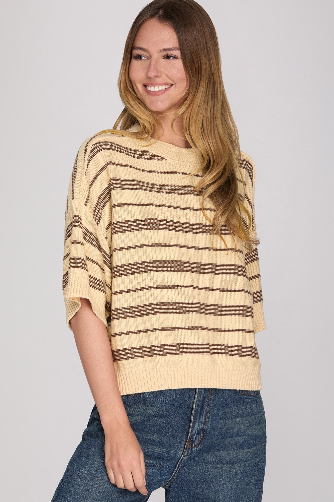ROUND NECK STRIPED KNIT SWEATER TOP