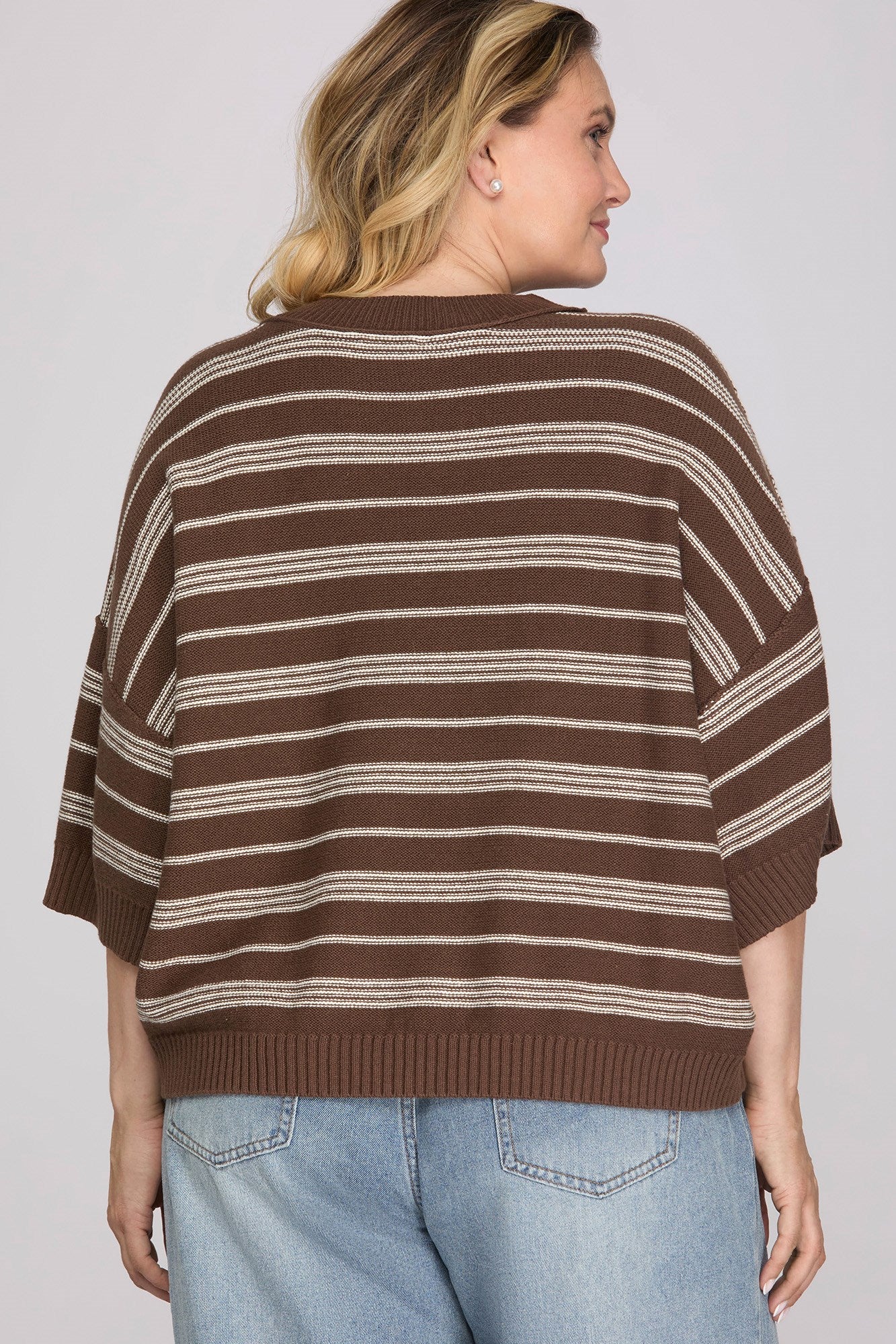 PLUS - ROUND NECK STRIPED KNIT SWEATER TOP