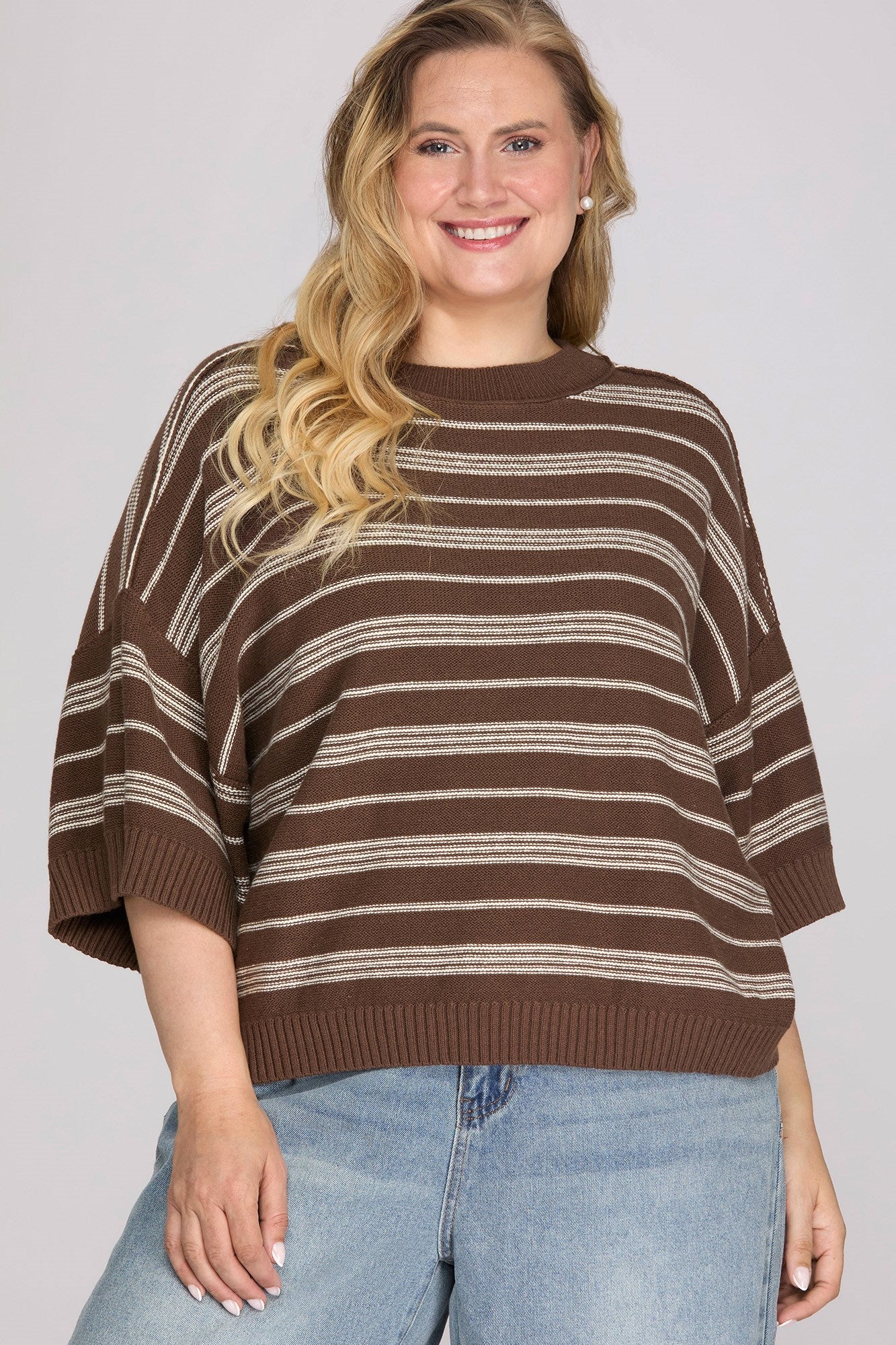PLUS - ROUND NECK STRIPED KNIT SWEATER TOP