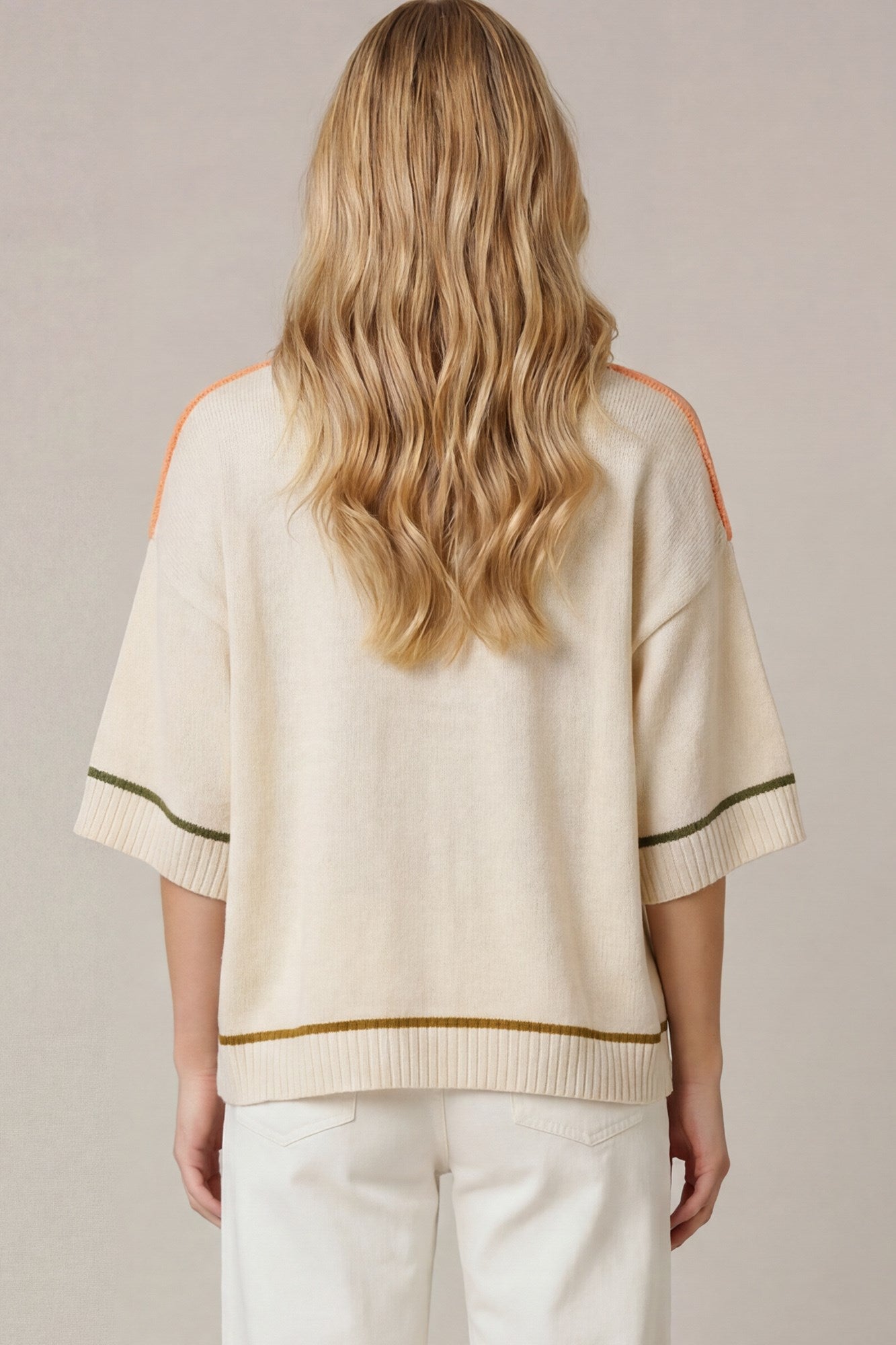 HALF SLEEVE CONTRAST LINED SWEATER