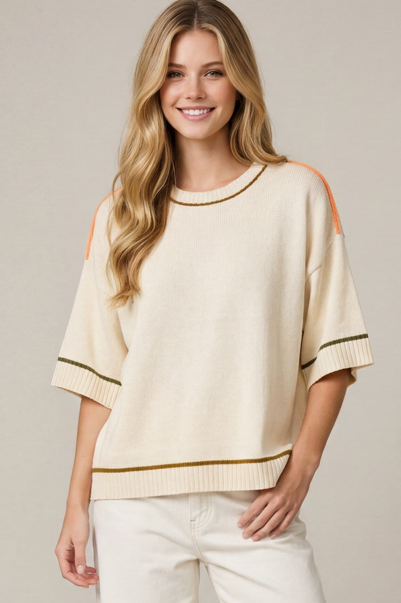 HALF SLEEVE CONTRAST LINED SWEATER