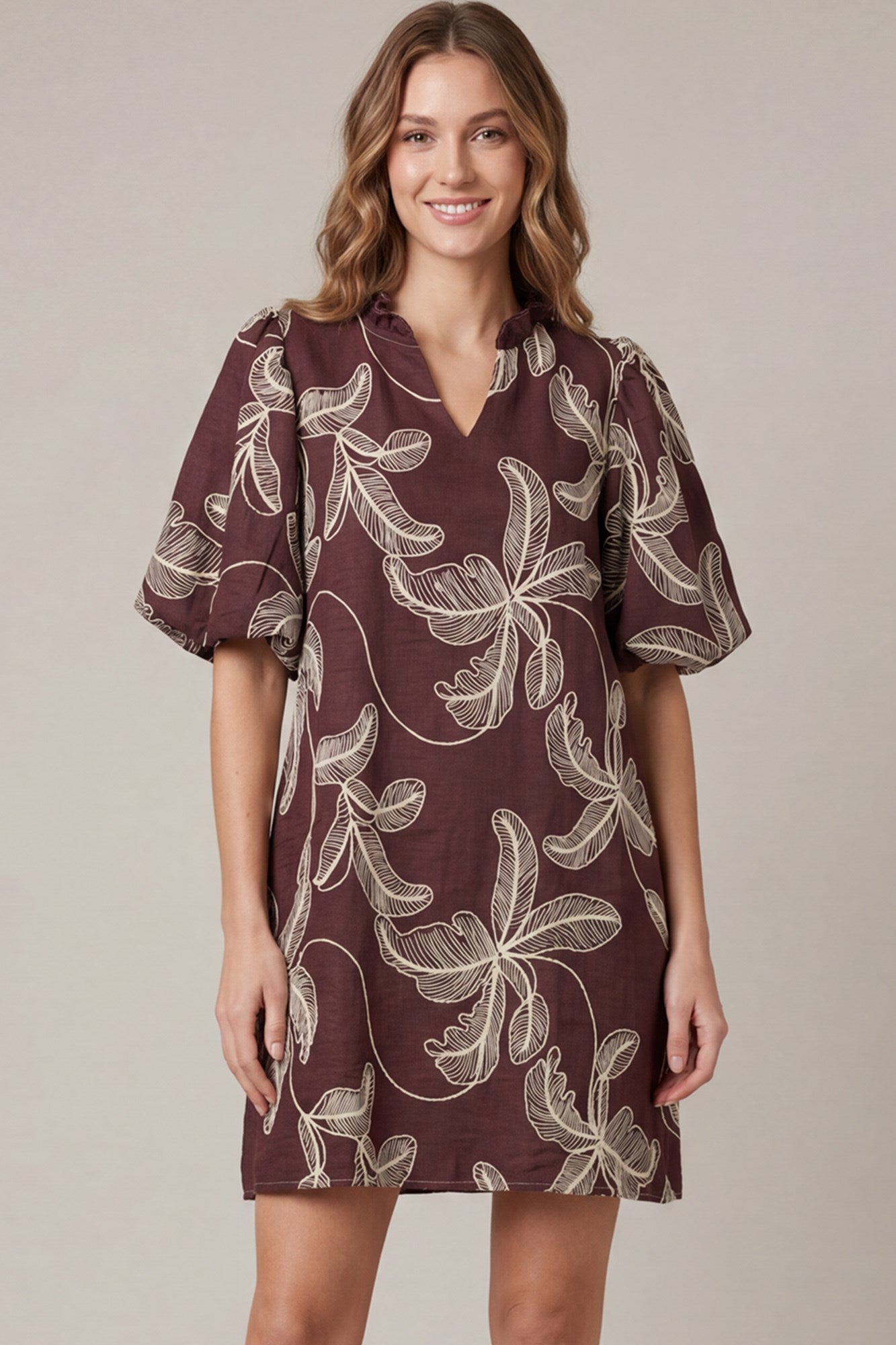 PUFF SLEEVE EMBROIDERED WOVEN DRESS
