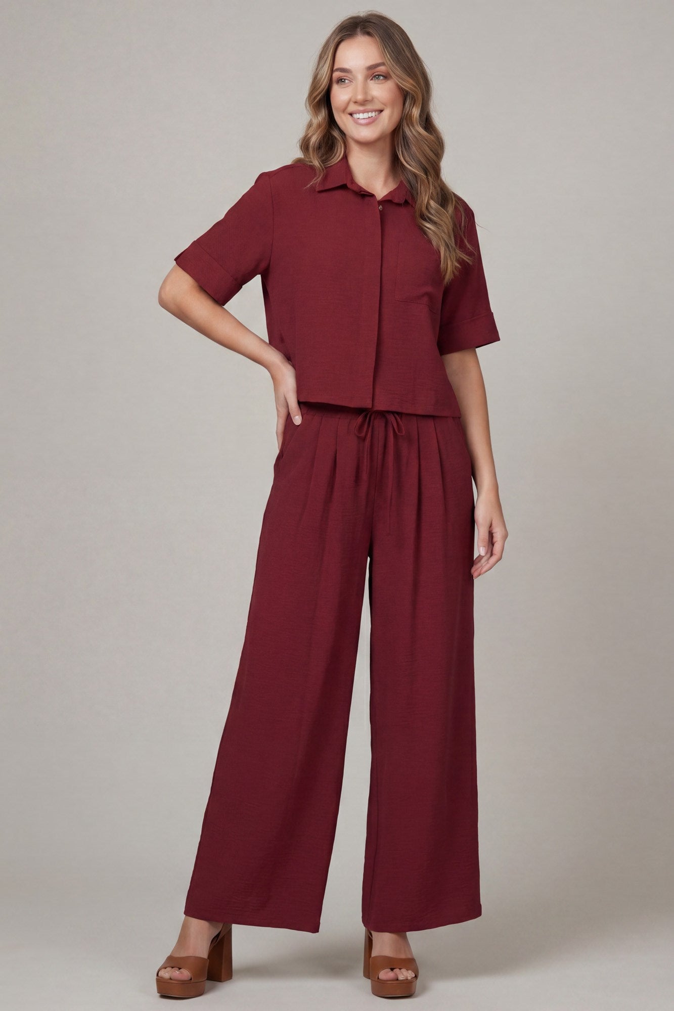 SOLID BUTTON DOWN TOP AND PANTS SET