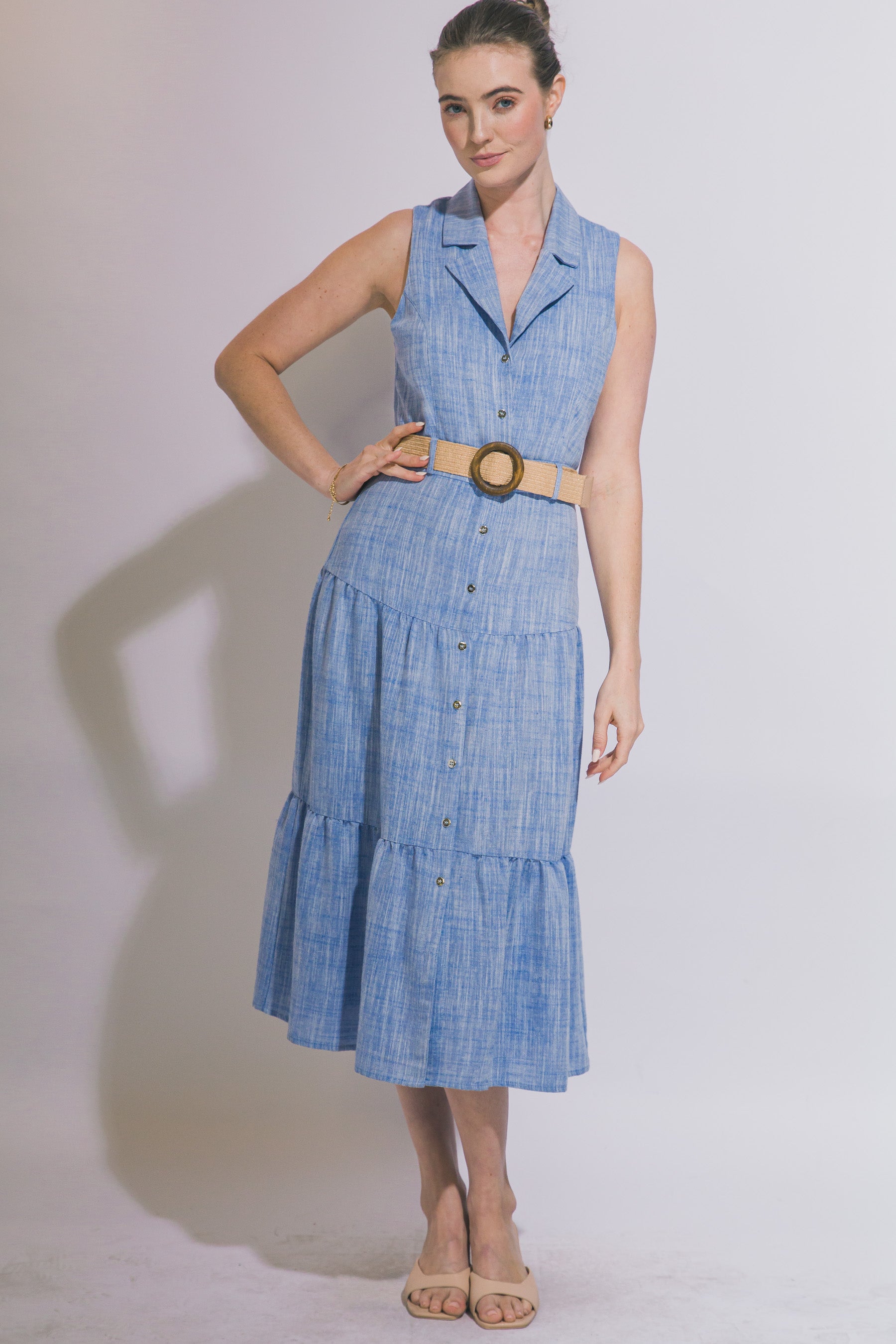 BELTED BUTTON FRONT TIERED MIDI DRESS