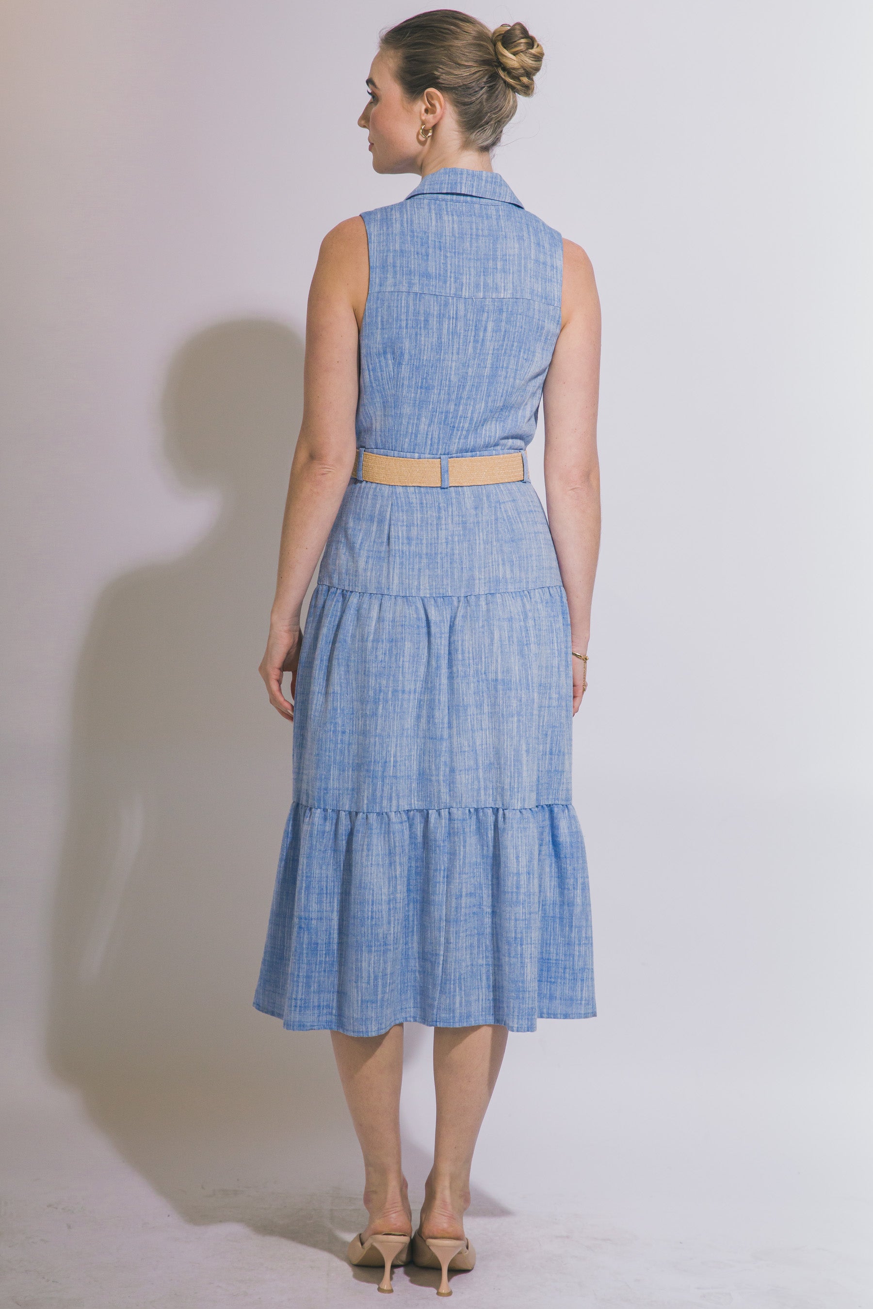 BELTED BUTTON FRONT TIERED MIDI DRESS