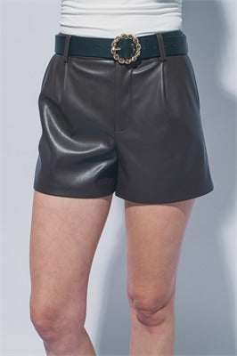 BLACK BELTED FAUX LEATHER SHORTS