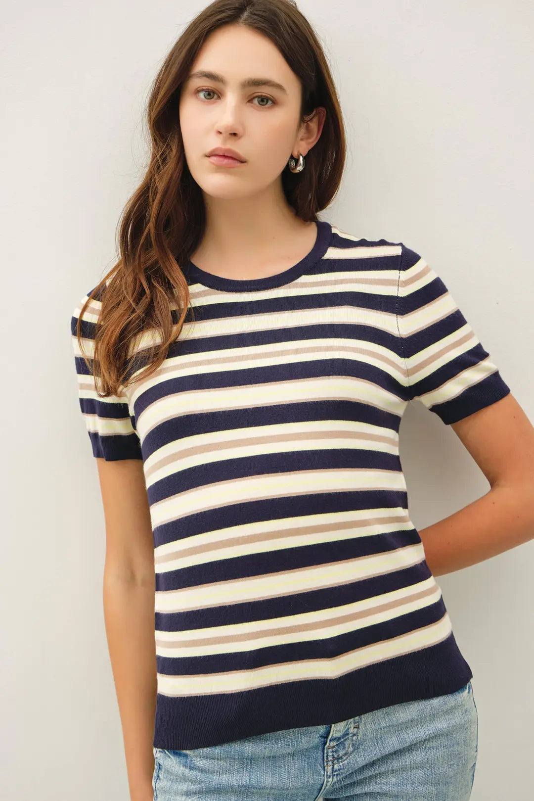 CLASSIC FIT STRIPED SHORT SLEEVE SWEATER TOP