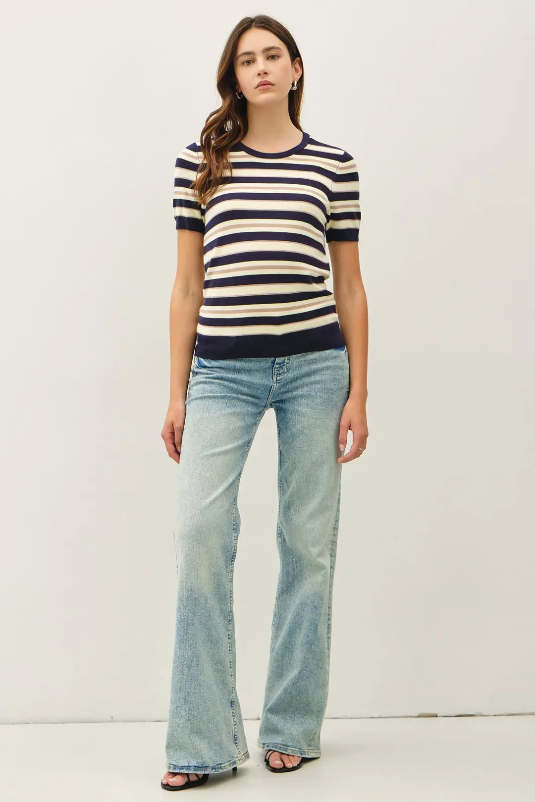 CLASSIC FIT STRIPED SHORT SLEEVE SWEATER TOP