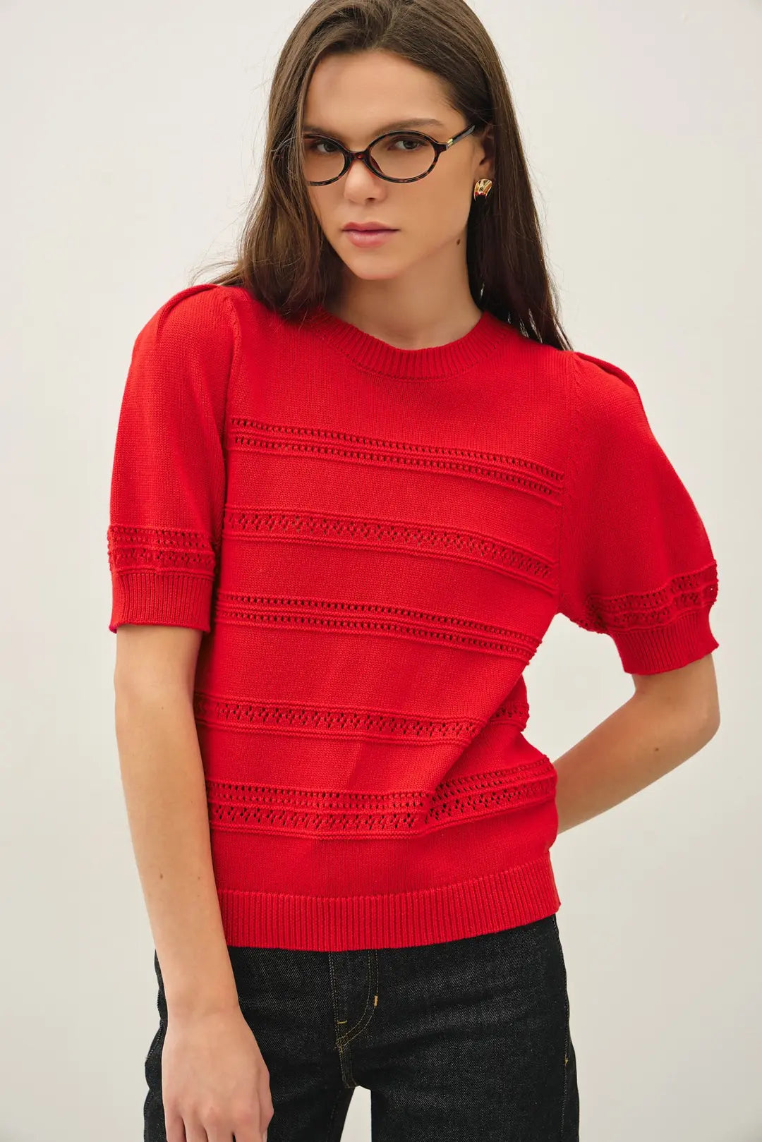 CROCHET STRIPED PUFF SLEEVE SWEATER TOP