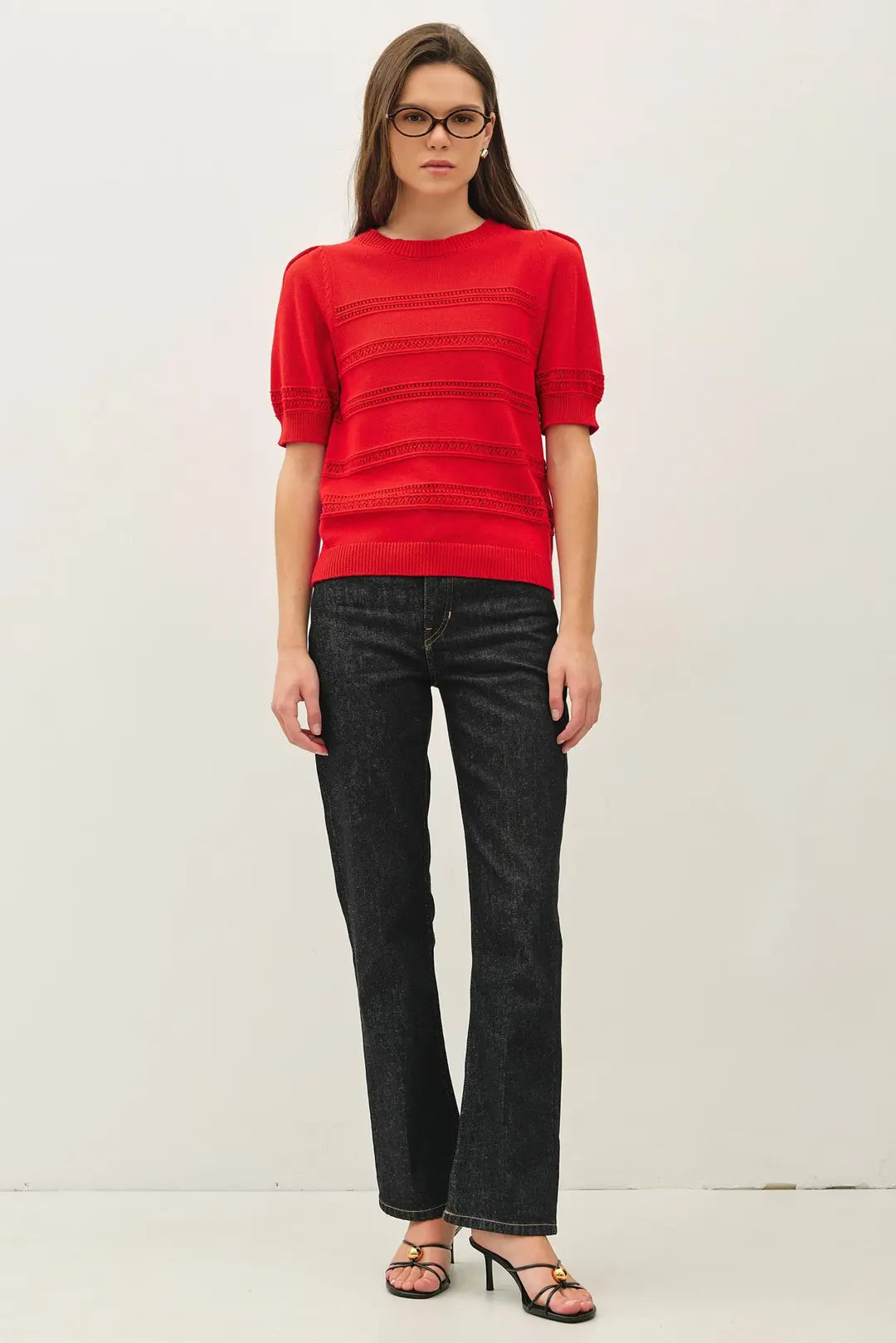 CROCHET STRIPED PUFF SLEEVE SWEATER TOP