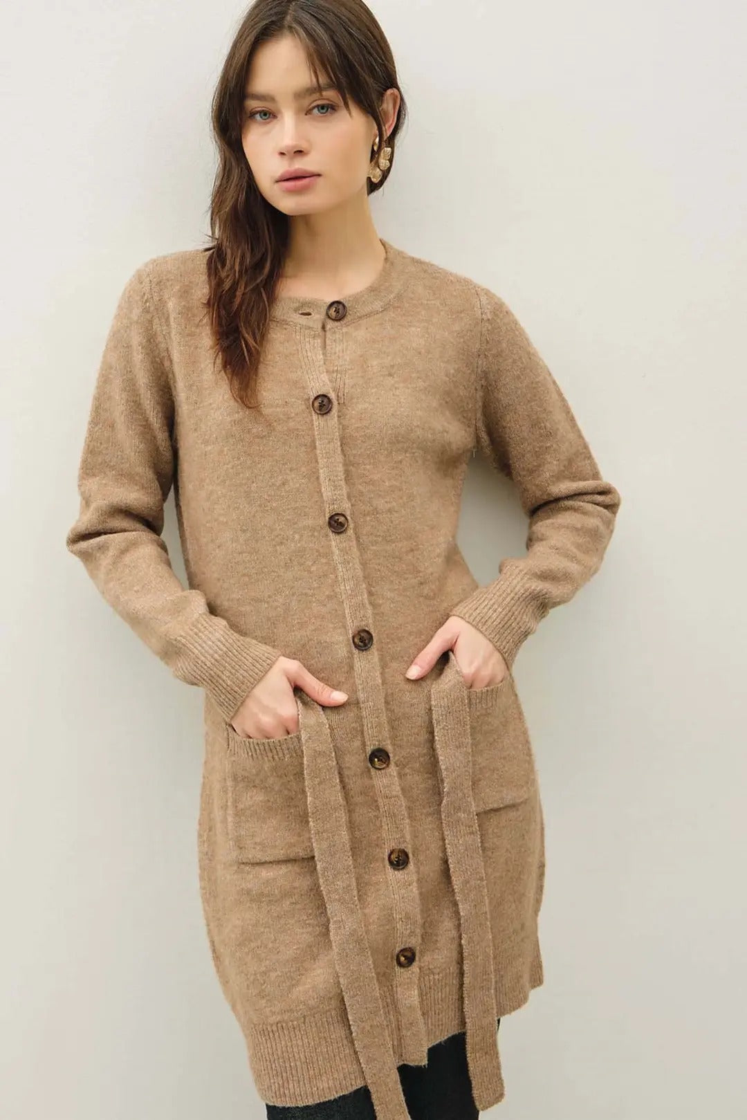 BELTED SWEATER CARDIGAN DRESS