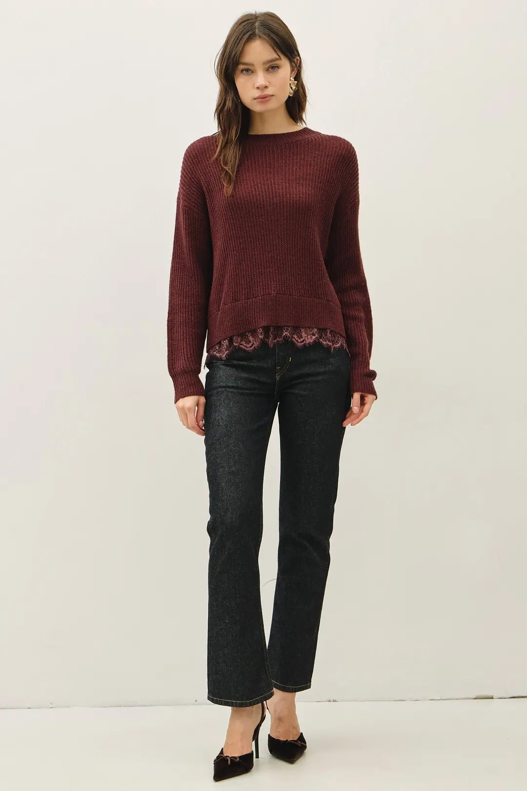 SCALLOPED LACE HEM WOOL BLENDED SWEATER