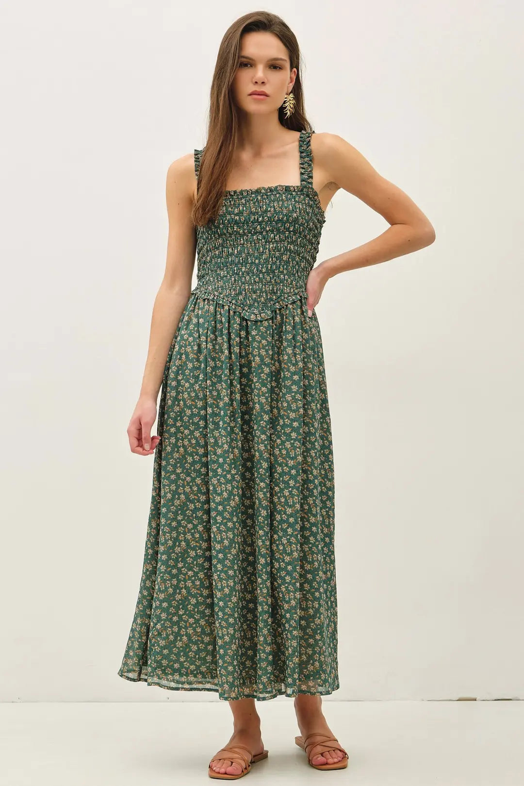 FLORAL PRINTED SMOCKED BODICE MIDI DRESS