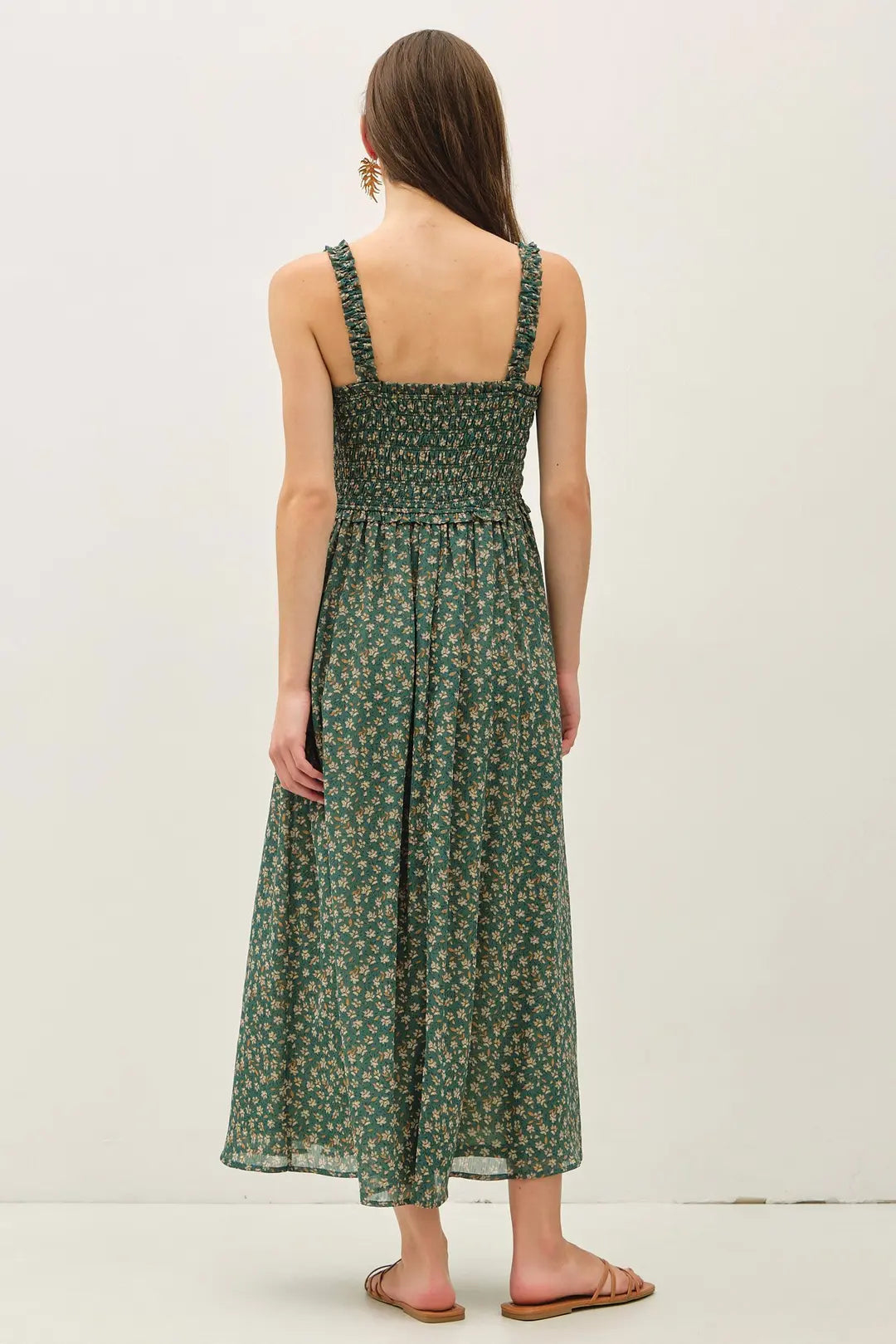 FLORAL PRINTED SMOCKED BODICE MIDI DRESS