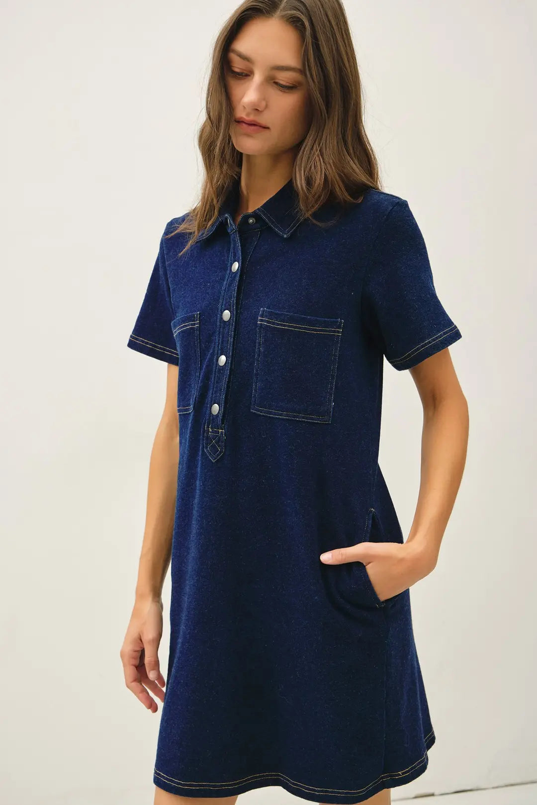 JERSEY DENIM MINI SHIRT DRESS