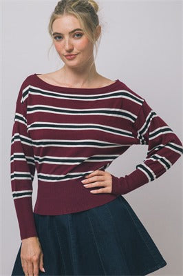 STRIPED RIBBED HEM KNIT SWEATER