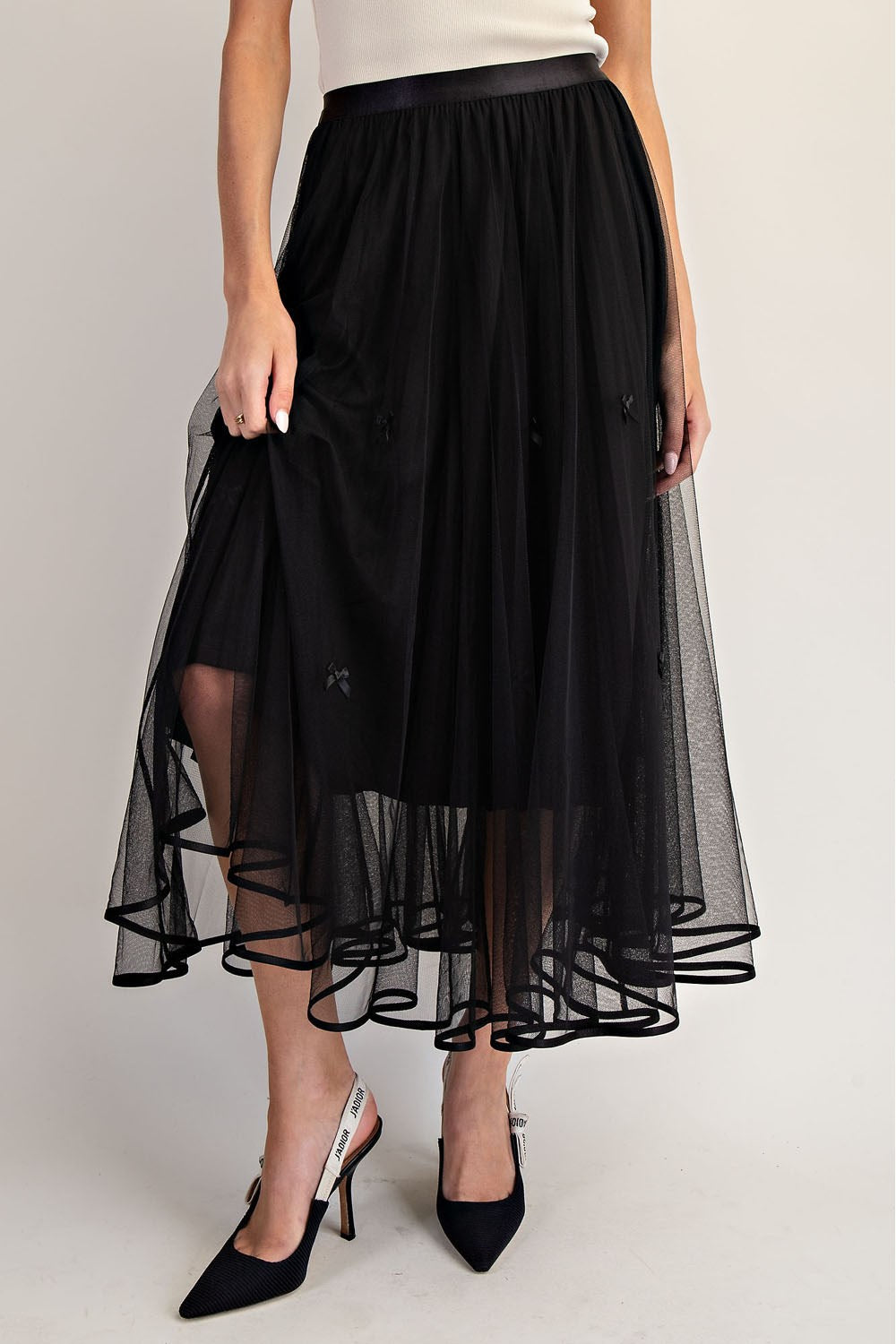 BOW DETAIL DOUBLE LAYERED MESH SKIRT