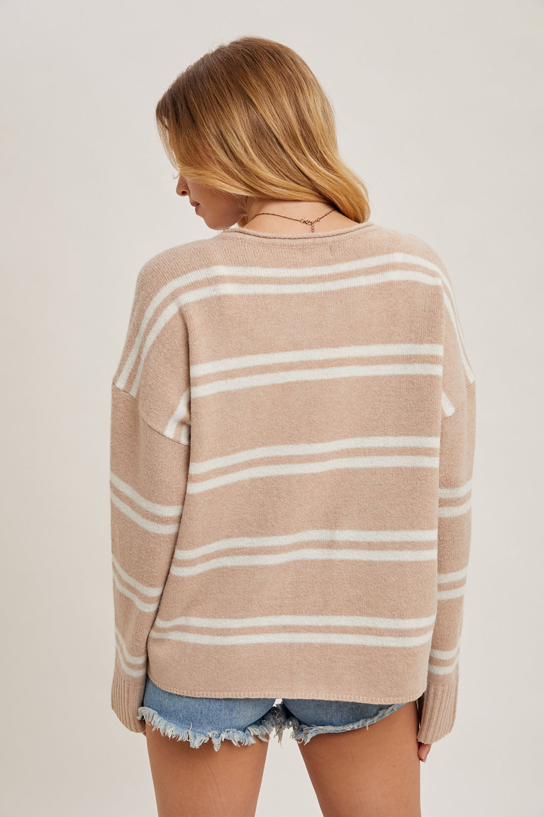 NOTCH NECK STRIPED KNIT SWEATER