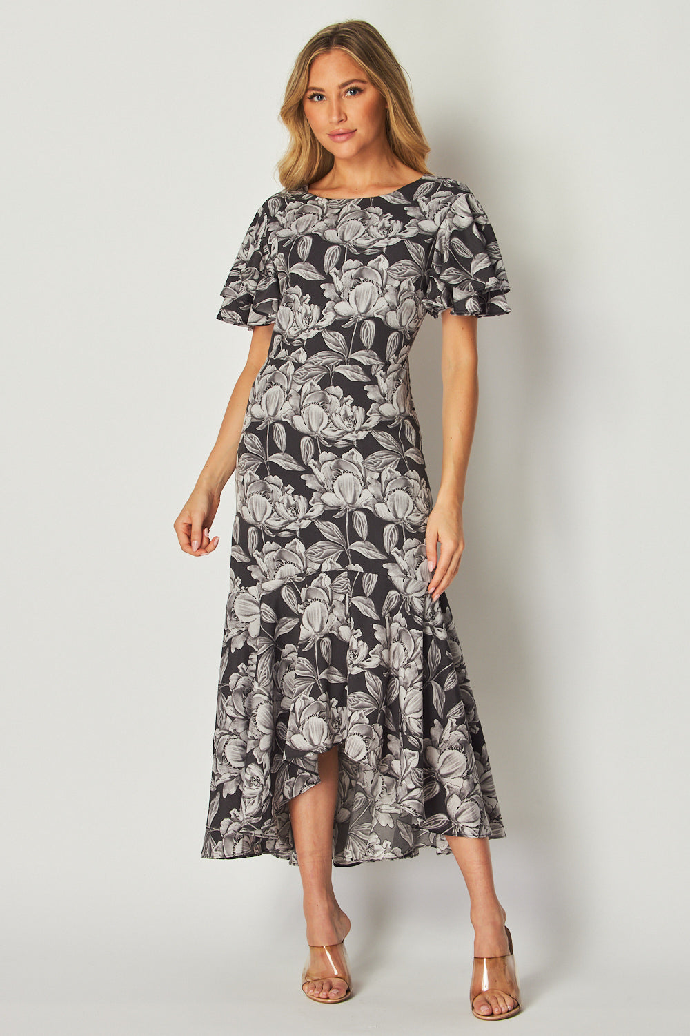 FLORAL PRINTED HI LOW MIDI DRESS