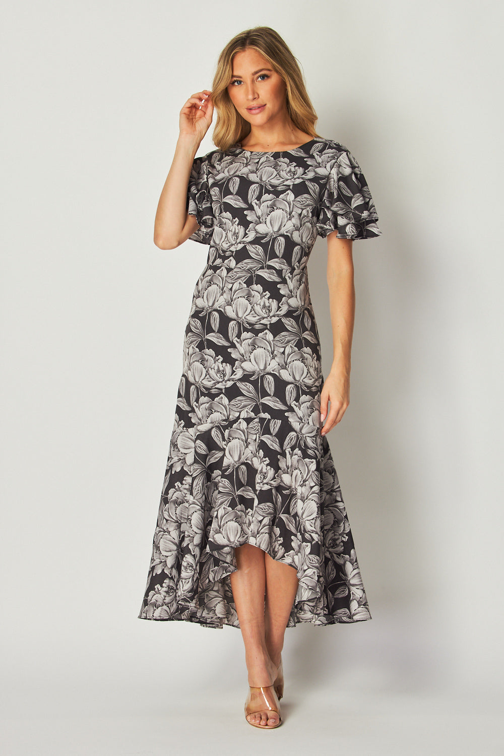 FLORAL PRINTED HI LOW MIDI DRESS