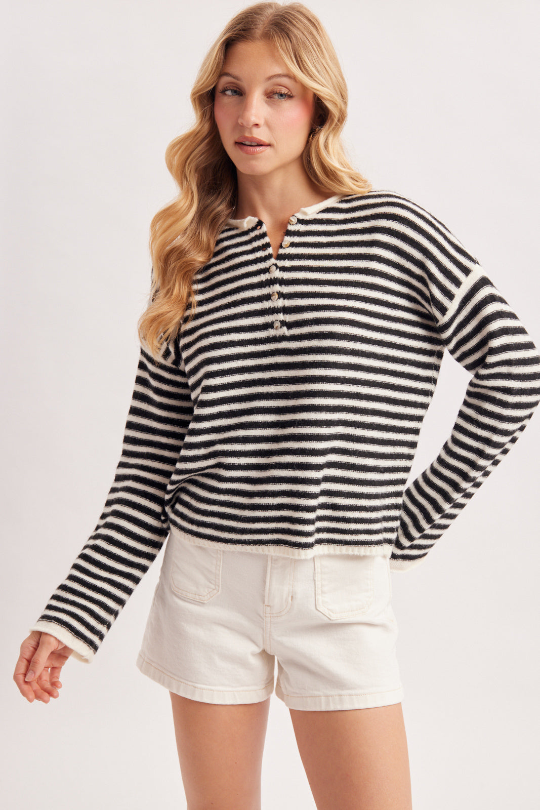 CASUAL AND COZY STRIPED HENLEY KNIT PULLOVER