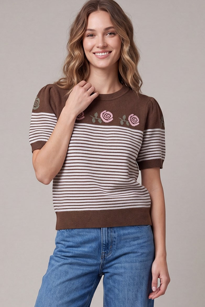 ROSE STRIPED PATTERN SWEATER TOP