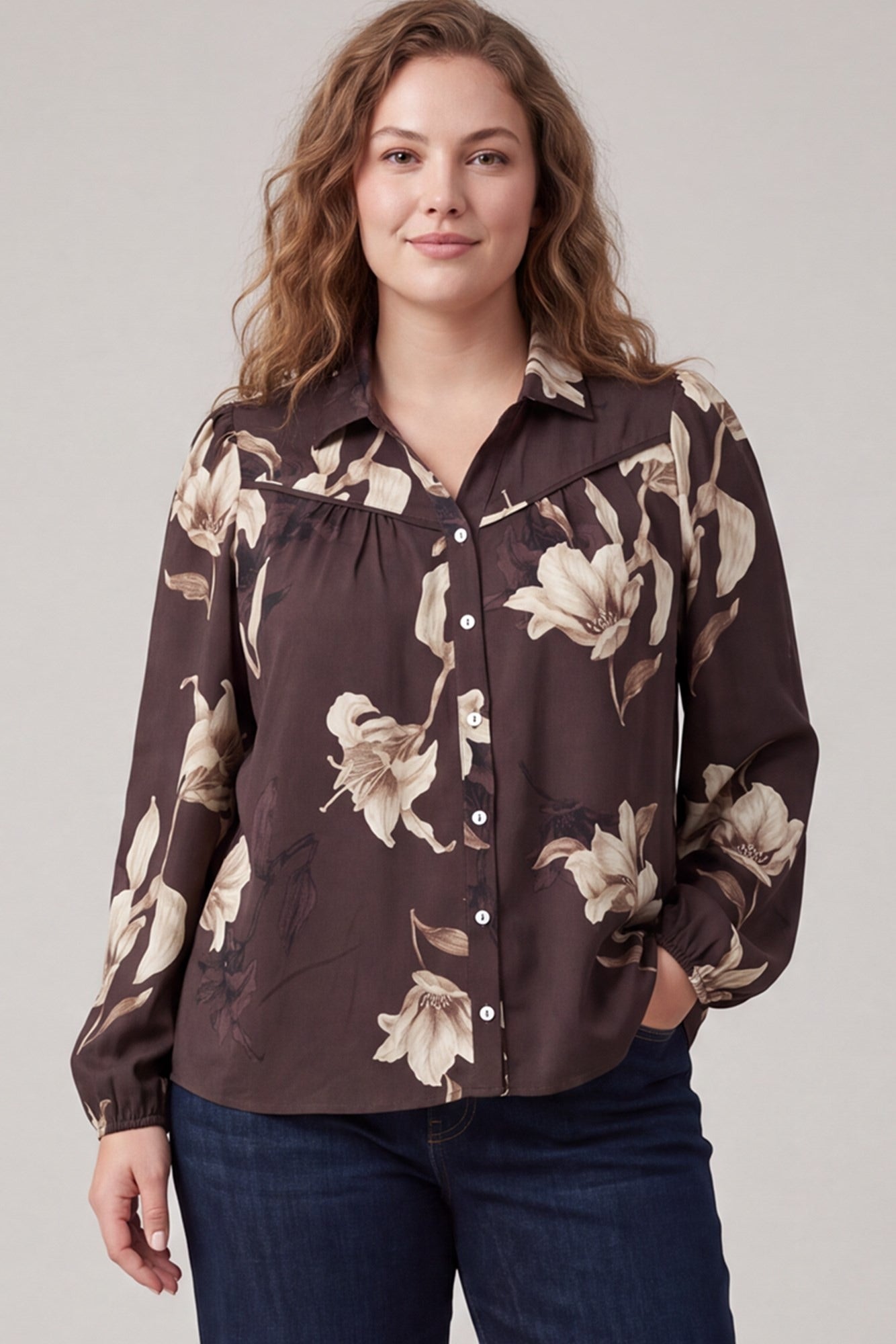 PLUS - WOVEN PRINT COLLARED BLOUSE TOP