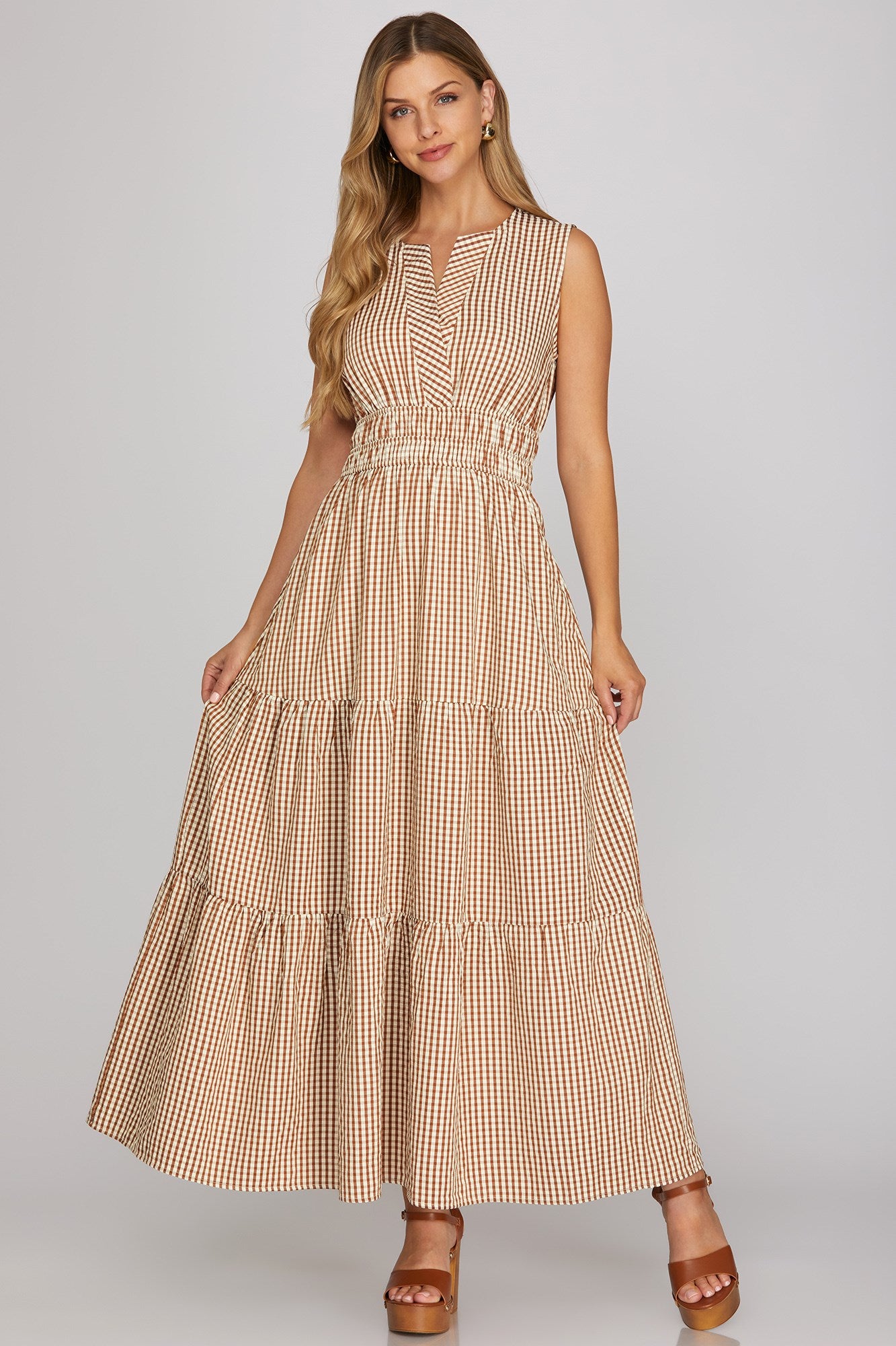 WOVEN GINGHAM TIERED MAXI DRESS