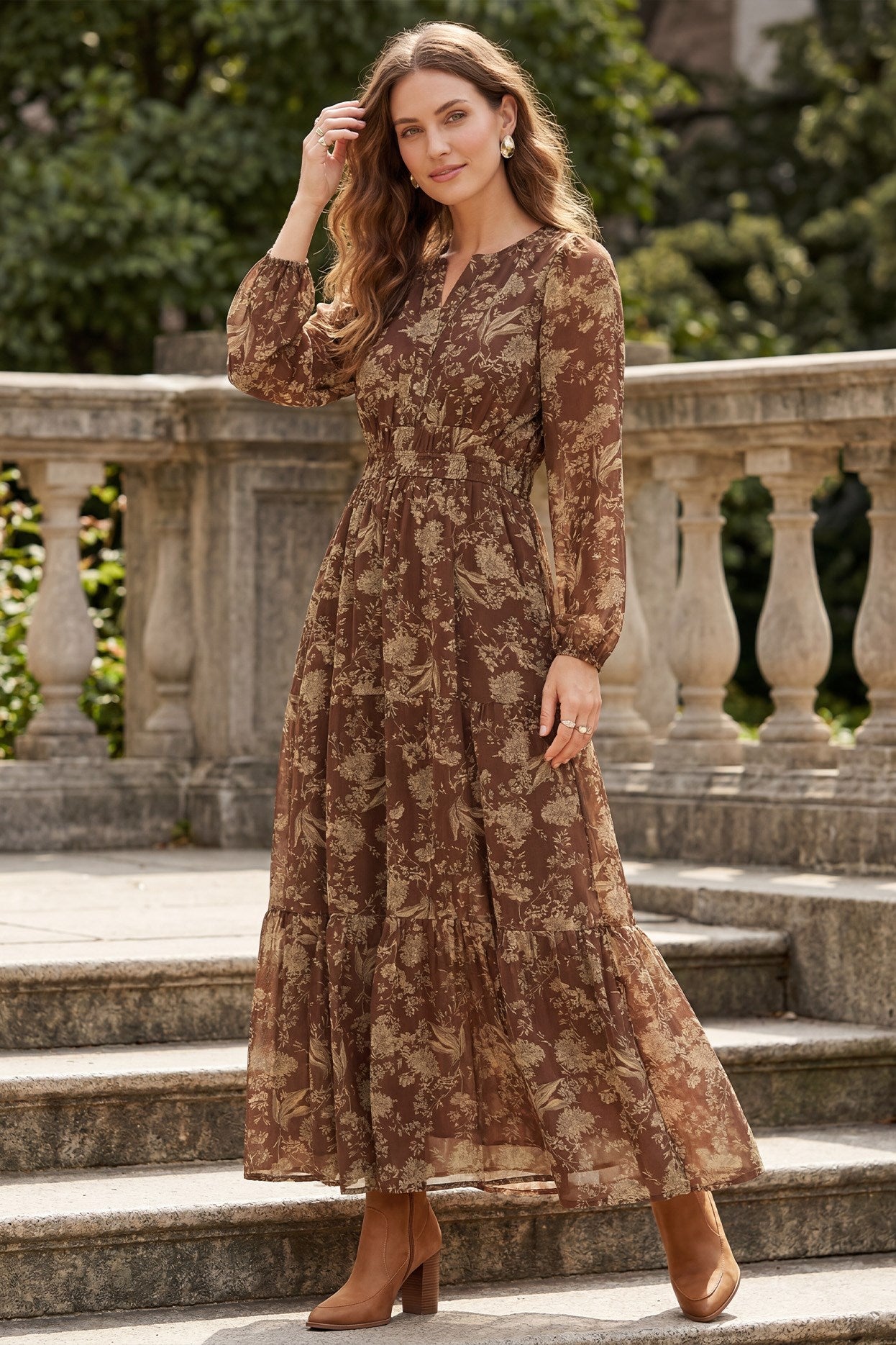 WOVEN PRINT TIERED MAXI DRESS
