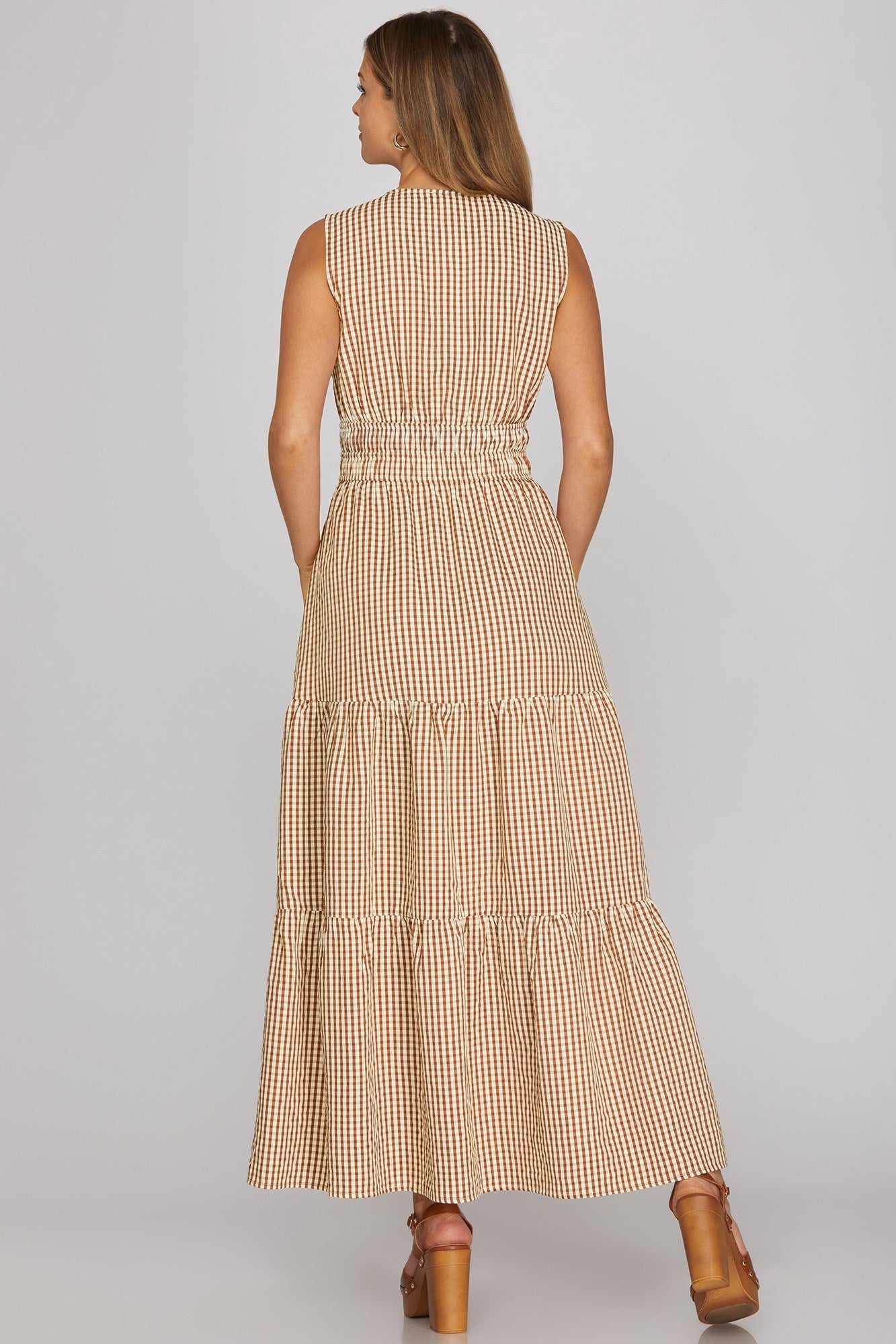 WOVEN GINGHAM TIERED MAXI DRESS