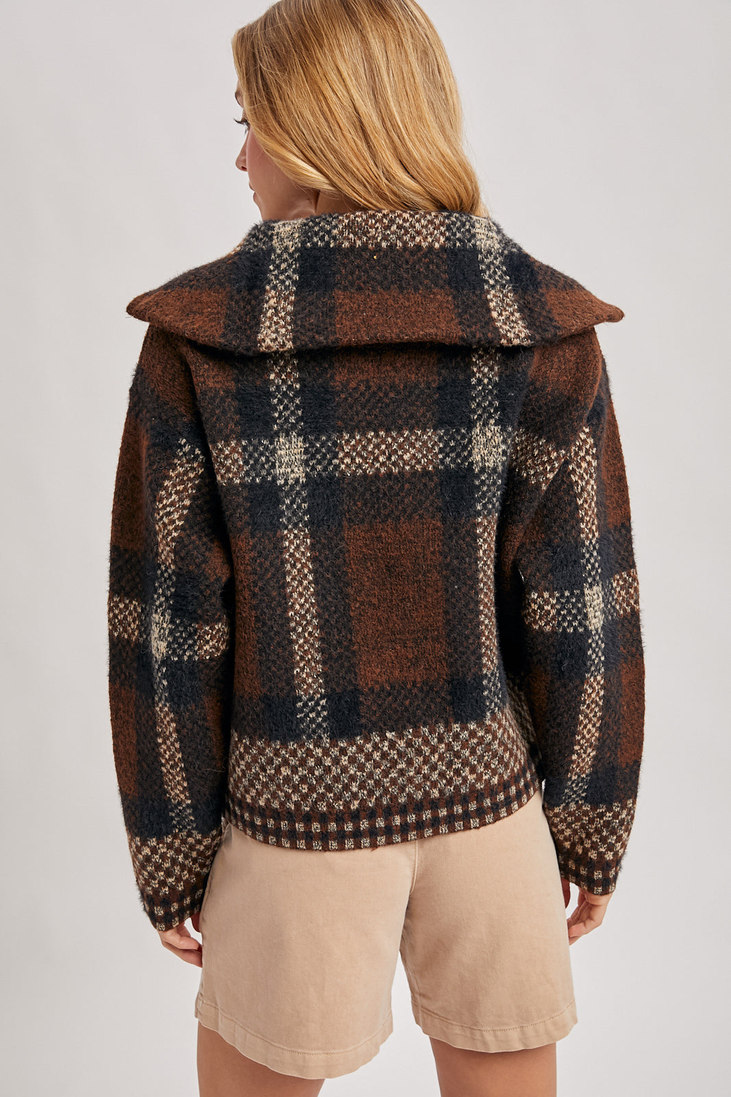 PLAID FUZZY KNIT SWEATER JACKET