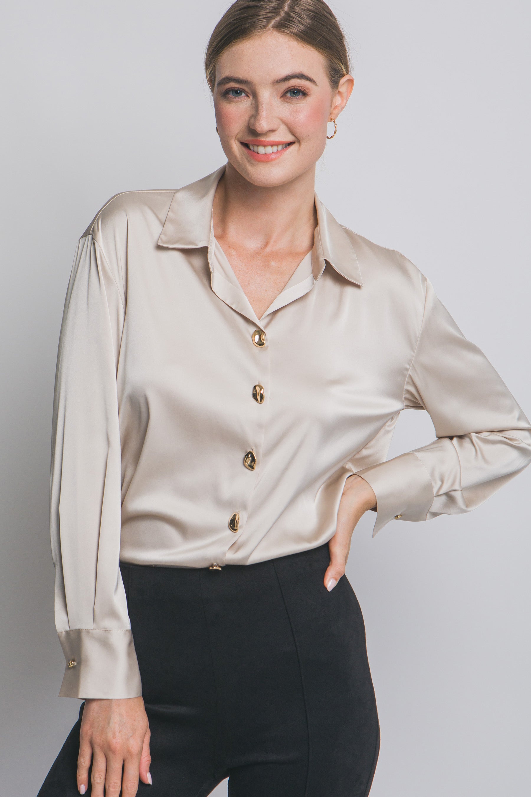 SOLID SATIN BUTTON DOWN SHIRT