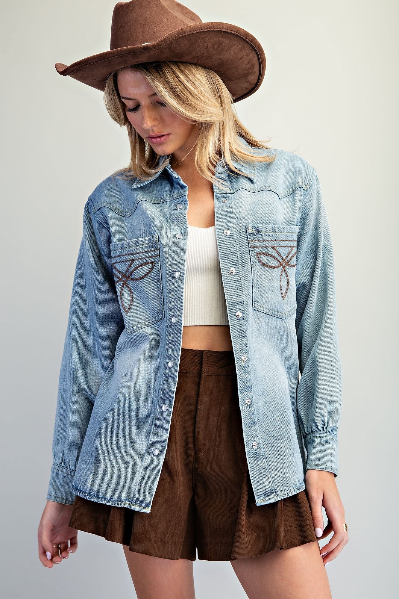 WASHED WESTERN EMBROIDERED BUTTON DOWN SHIRT JACKET