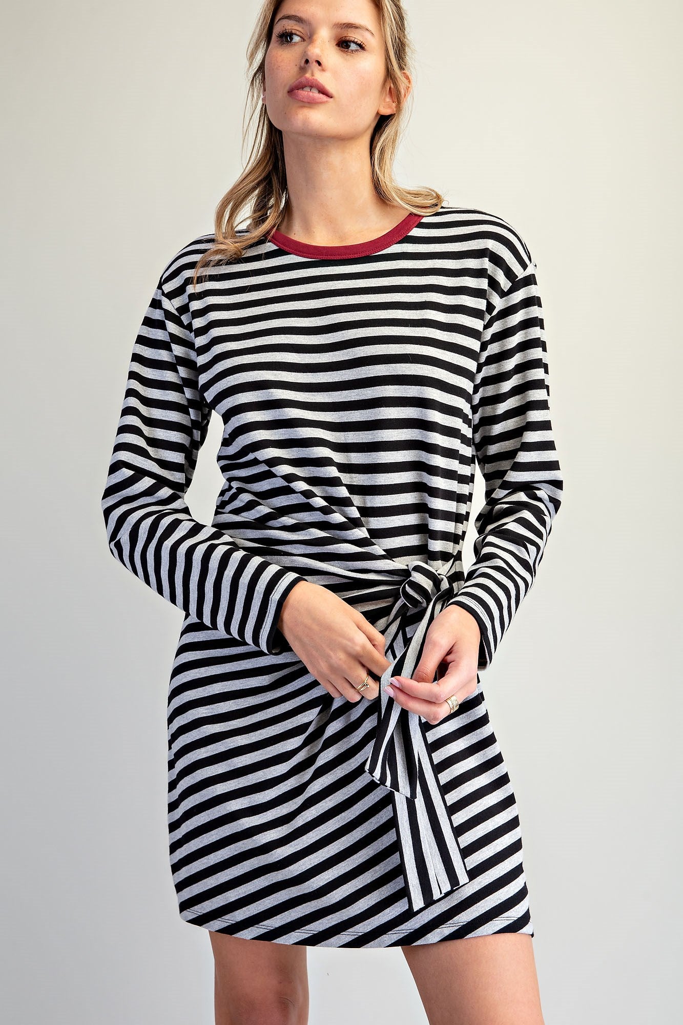 STRIPED FRONT TIE MINI DRESS