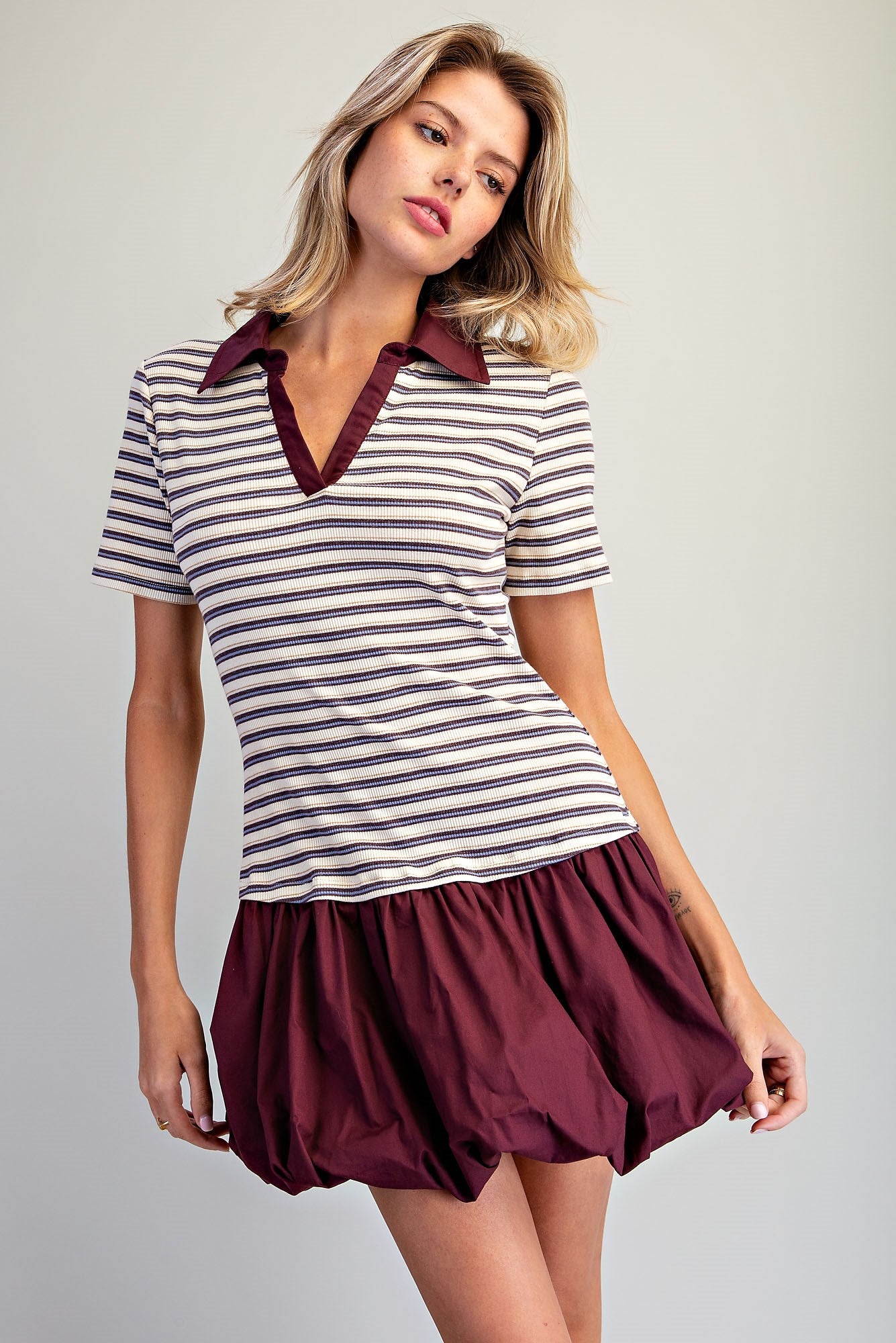 STRIPED CONTRAST BUBBLE HEM MINI DRESS