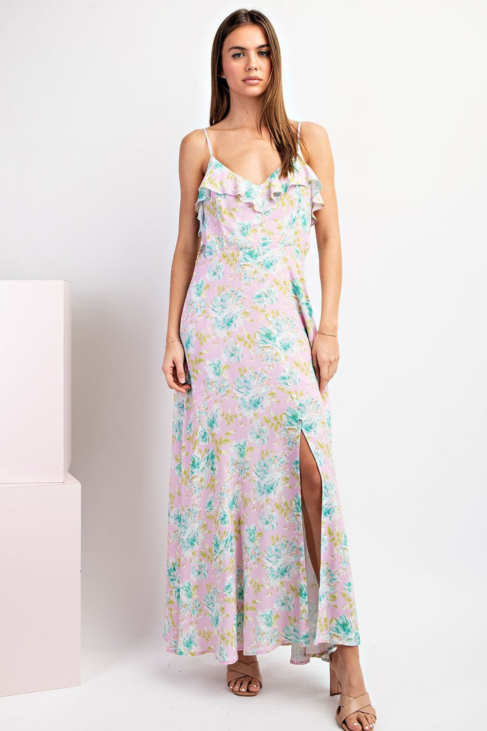 FLORAL PRINTED V NECK MAXI DRESS